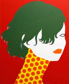 Jytte - Contemporary, woman portrait, acrylic, dot, pop art, red, green, asian 