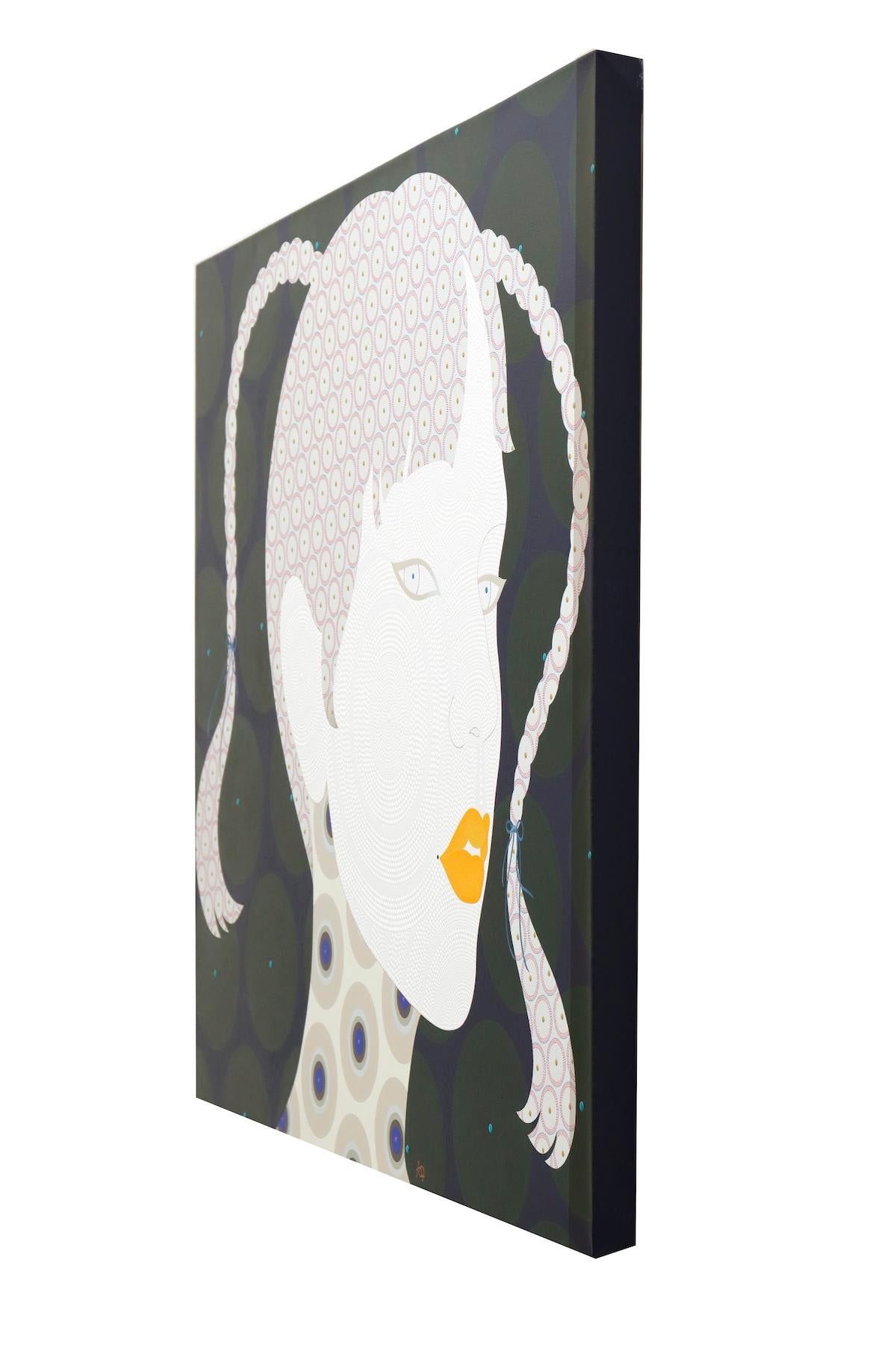 Shiori - Contemporary, asian woman portrait, acrylic, dot, pop art, green, grey For Sale 1