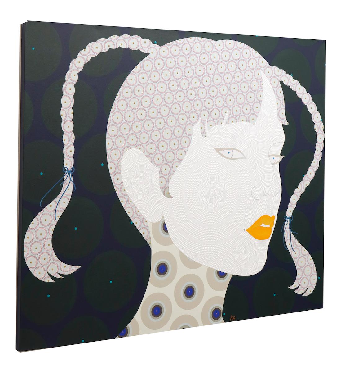 Shiori - Contemporary, asian woman portrait, acrylic, dot, pop art, green, grey For Sale 2