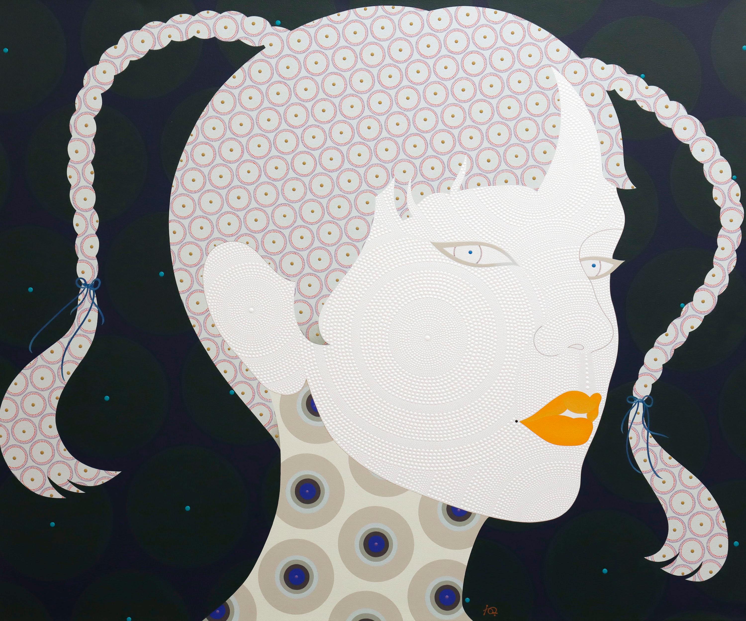 Chamnan Chongpaiboon Portrait Painting - Shiori - Contemporary, asian woman portrait, acrylic, dot, pop art, green, grey