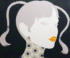 Shiori - Contemporary, asian woman portrait, acrylic, dot, pop art, green, grey