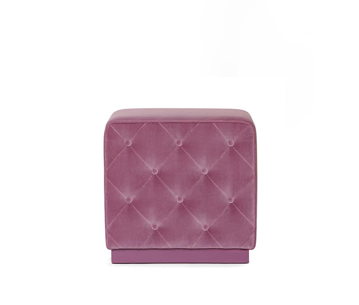 Chamois Stool by Munna
Dimensions: D 42 x W 52 x H 49 cm. SH: 49 cm.
Materials: Solid wood, foam, brass, and upholstery.
Finish: Upholstery: Cotton Velvet, ref. Lilac, CV15. Footer: Lilac gloss lacquer.

Available in all Munna fabrics except Wild