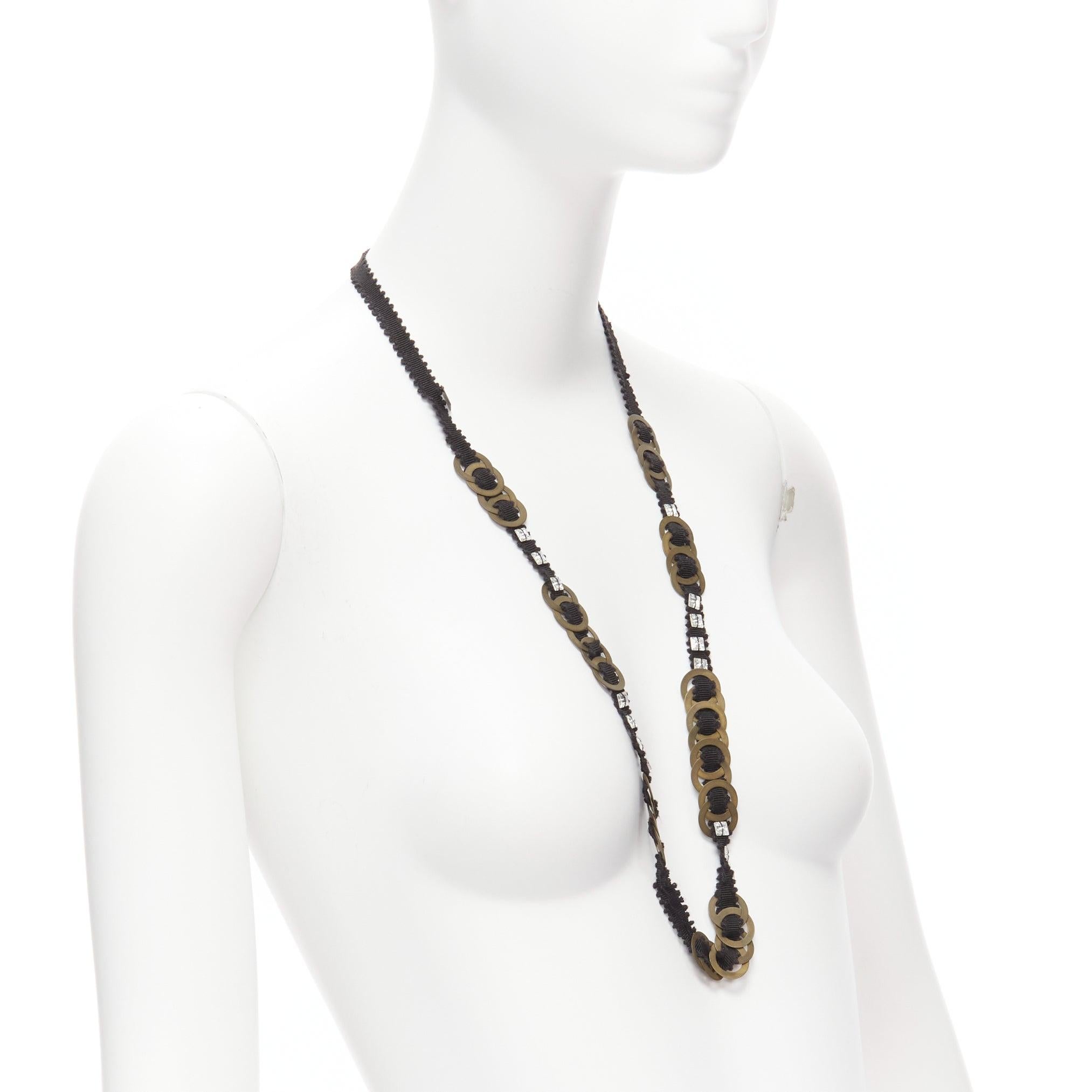 CHAMOREL black grosgrain ribbon clear crystal bronze rings long necklace In Excellent Condition For Sale In Hong Kong, NT