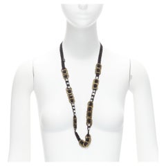 CHAMOREL black grosgrain ribbon clear crystal bronze rings long necklace