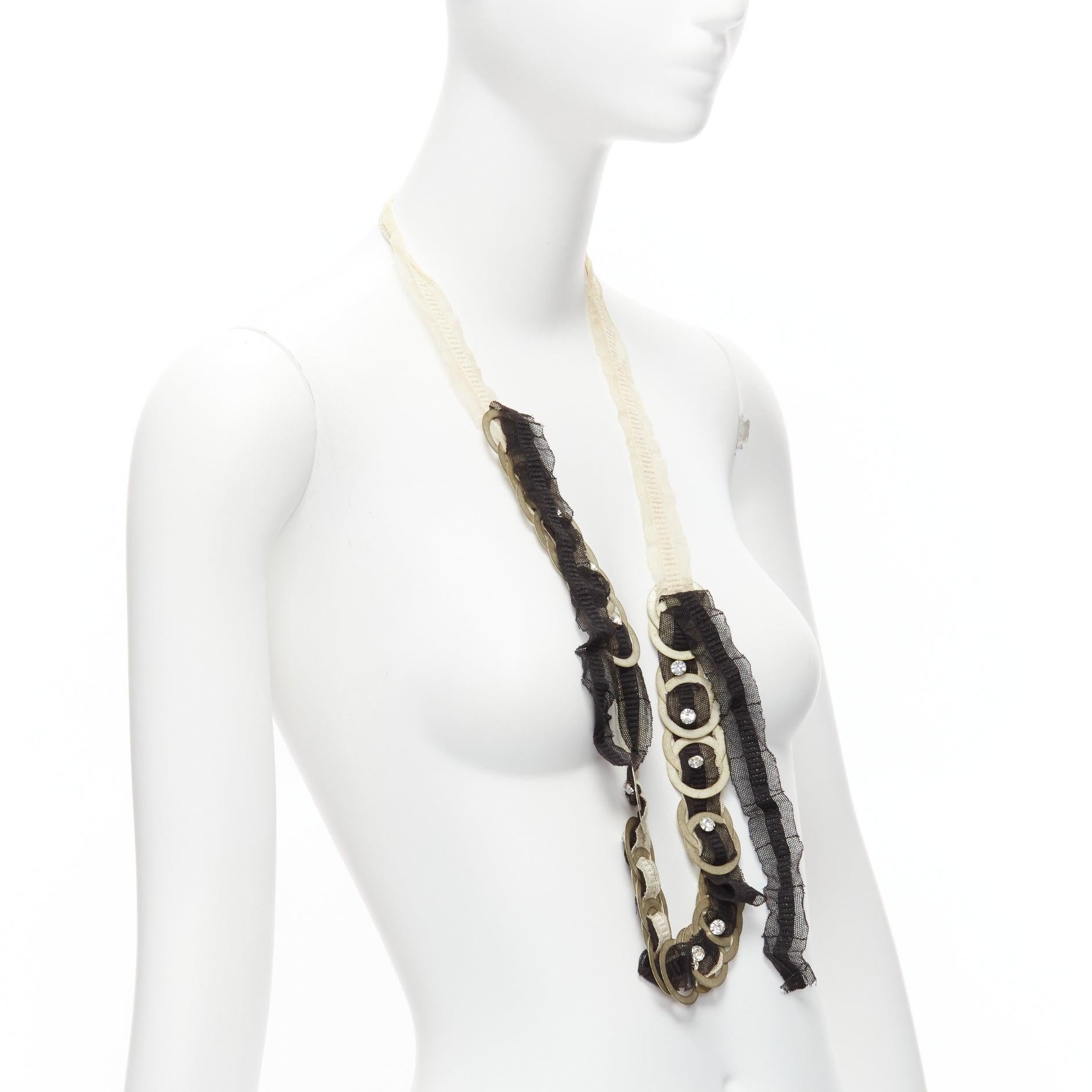 CHAMOREL black nude mesh ribbon antique gold circle coin crystal long necklace In Excellent Condition For Sale In Hong Kong, NT