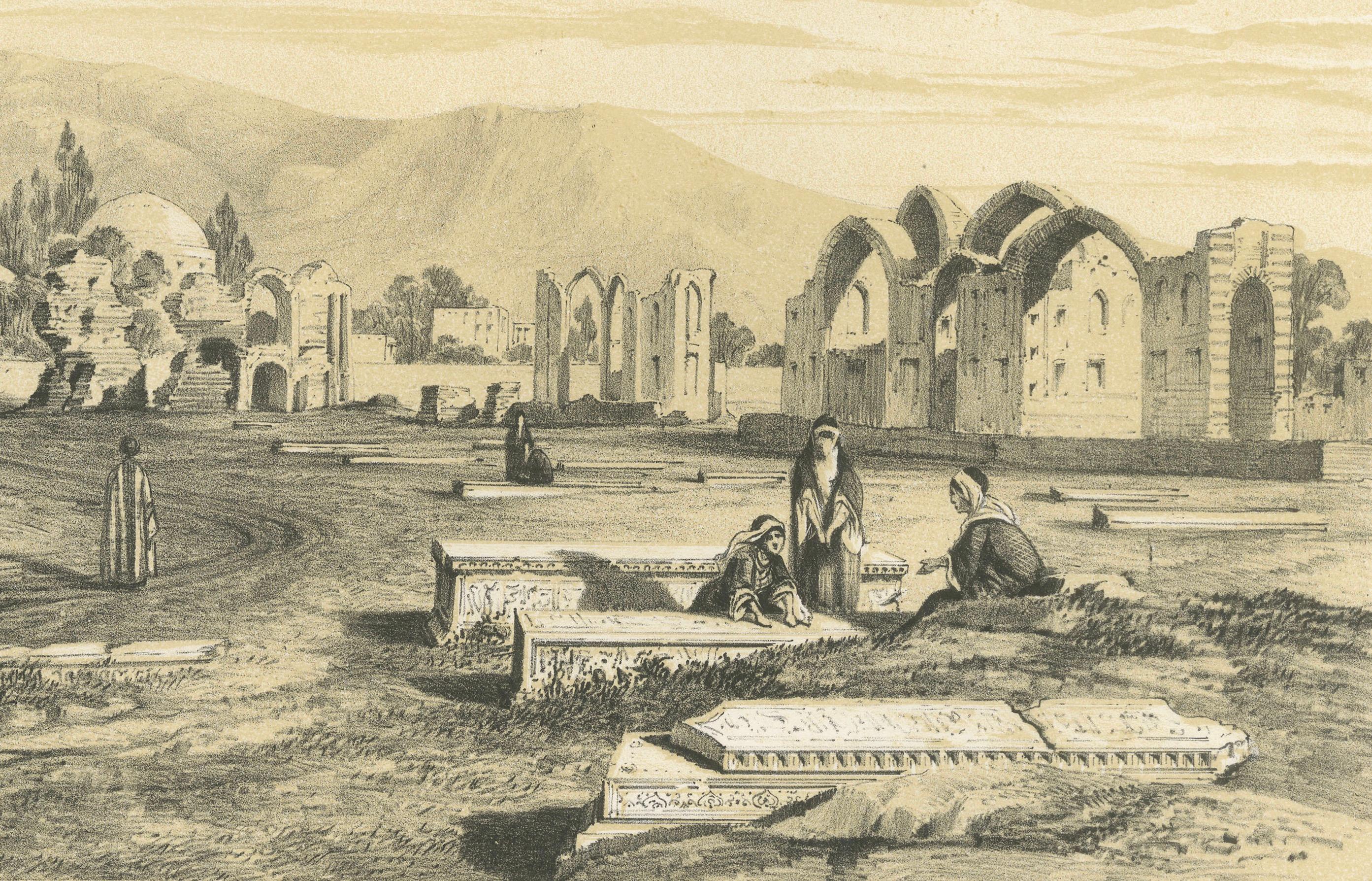 Champ des Morts, Ispahan – Antique Lithograph of the Cemetery at Isfahan, circa 1840

This atmospheric 19th-century lithograph titled Champ des Morts (Field of the Dead) presents a sweeping view of the historic cemetery in Isfahan, Persia