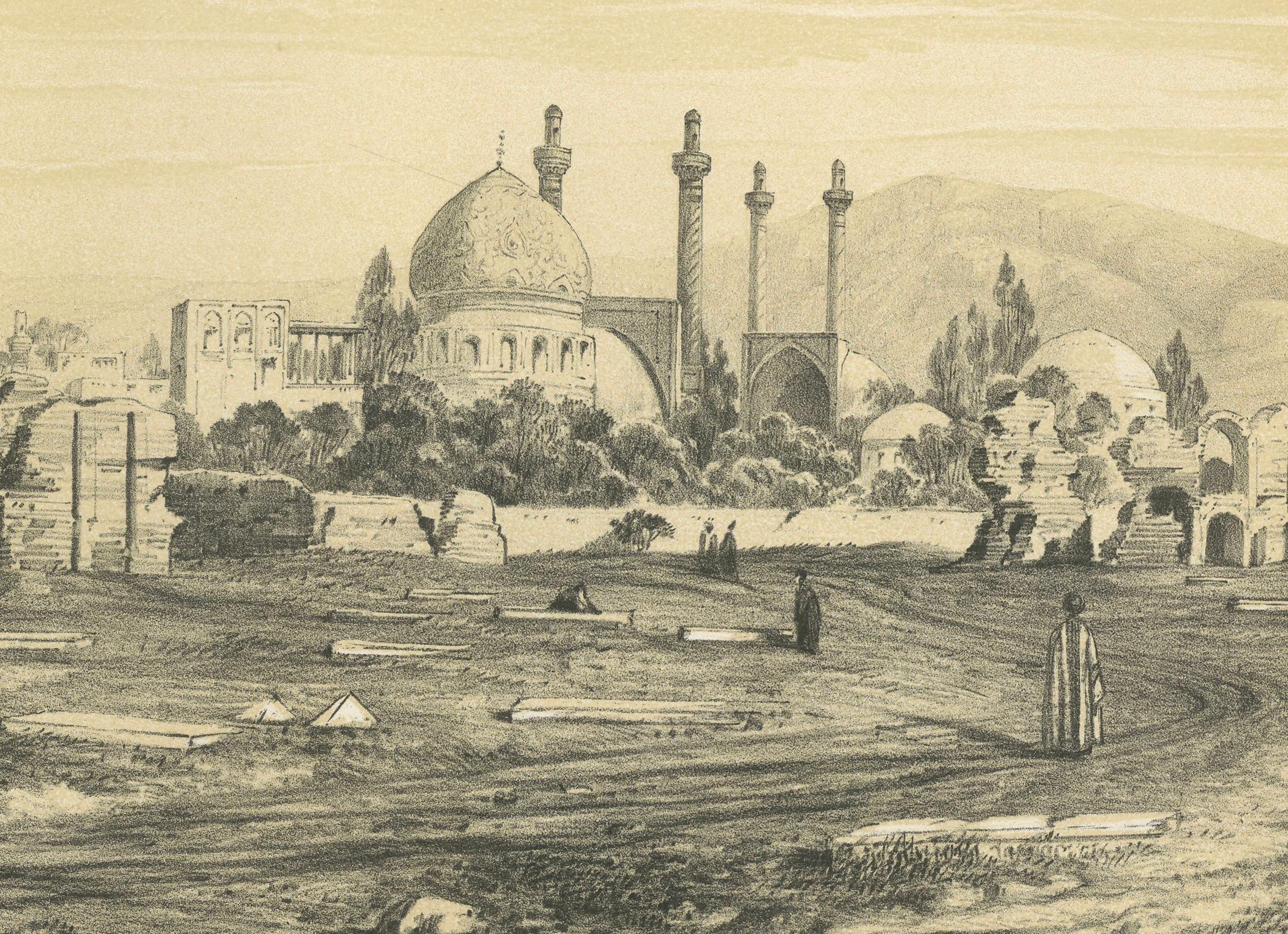 Champ des Morts, Ispahan – Antique Lithograph of the Cemetery at Isfahan, c.1840 In Good Condition For Sale In Langweer, NL