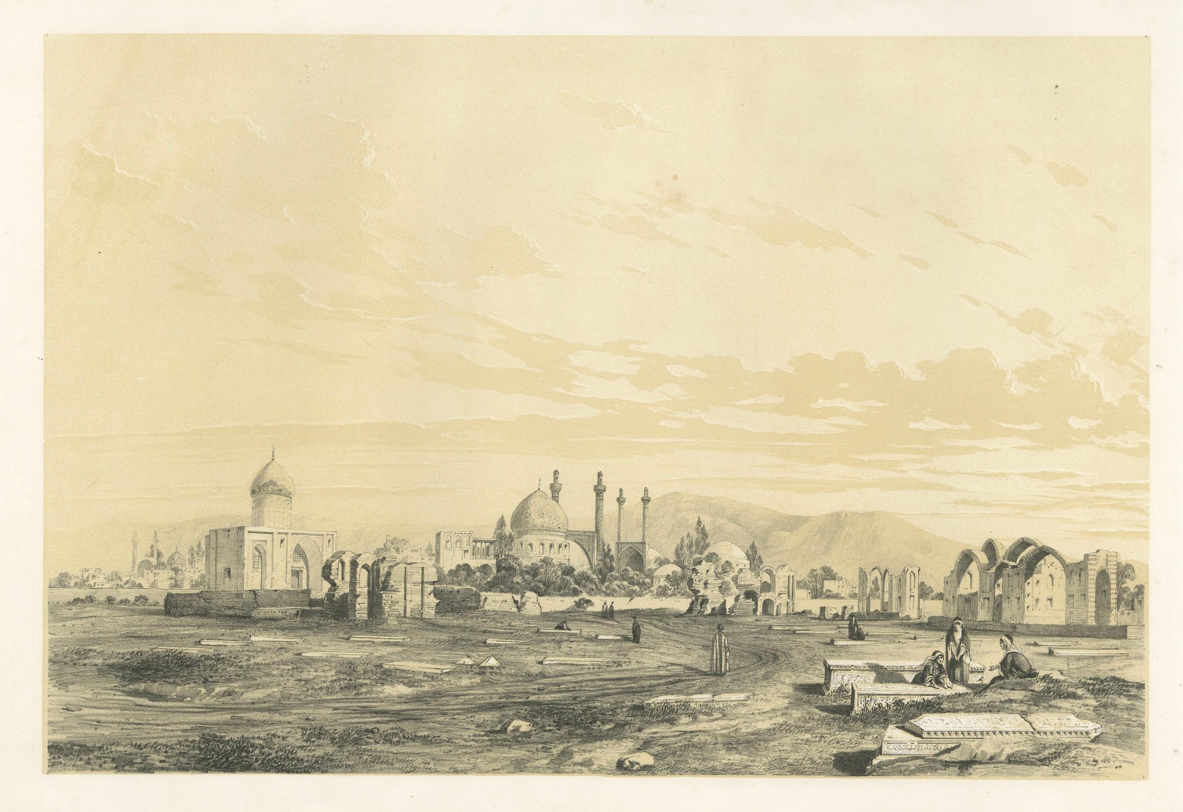 Paper Champ des Morts, Ispahan – Antique Lithograph of the Cemetery at Isfahan, c.1840 For Sale