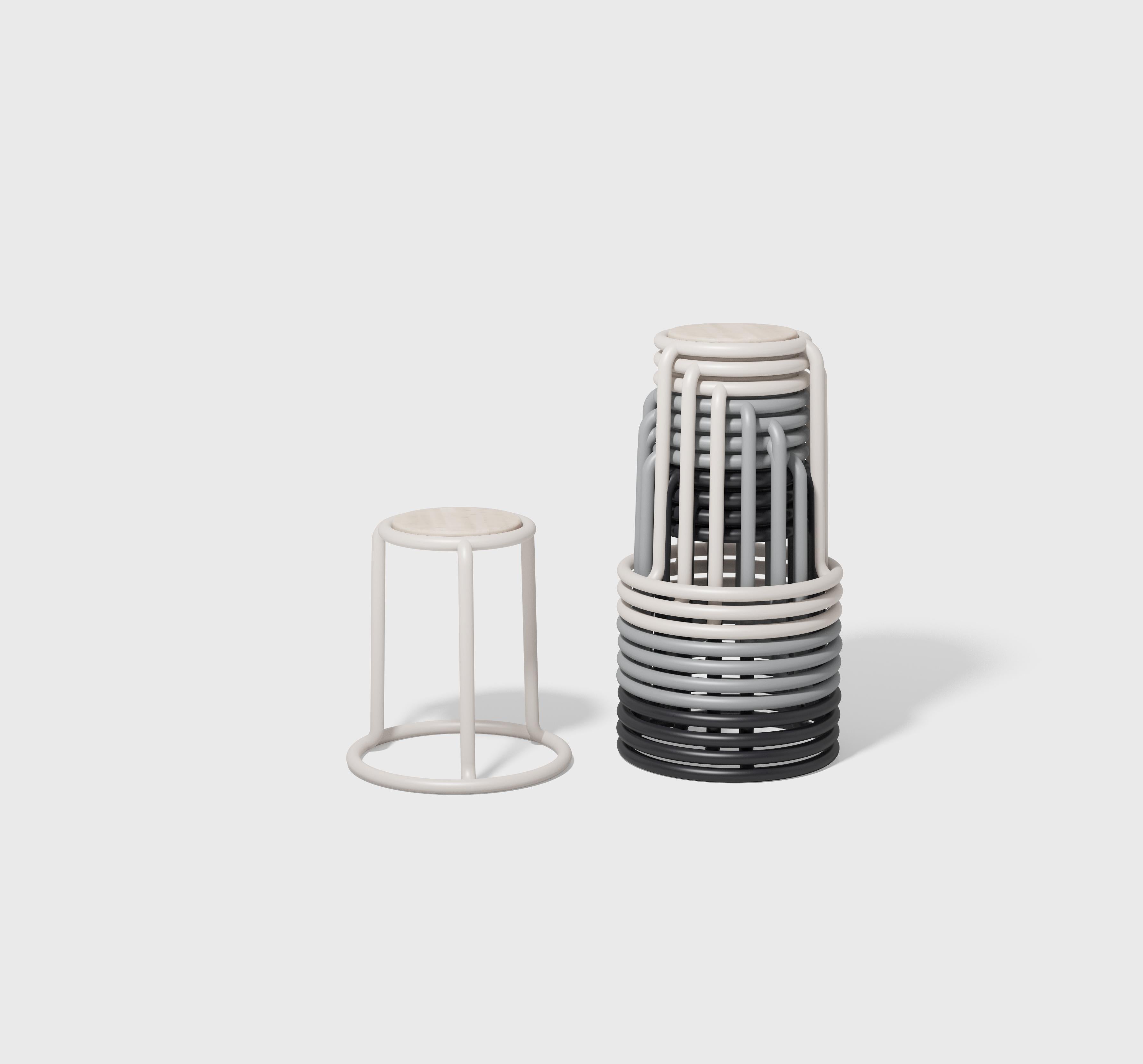 Champ is a reimagining of the utilitarian stackable stool. When stored, the stools form a graceful and graphic upward spiral. Taking cues from the original champ stool, the collection has grown to include a counter height stool, barstool and cafe