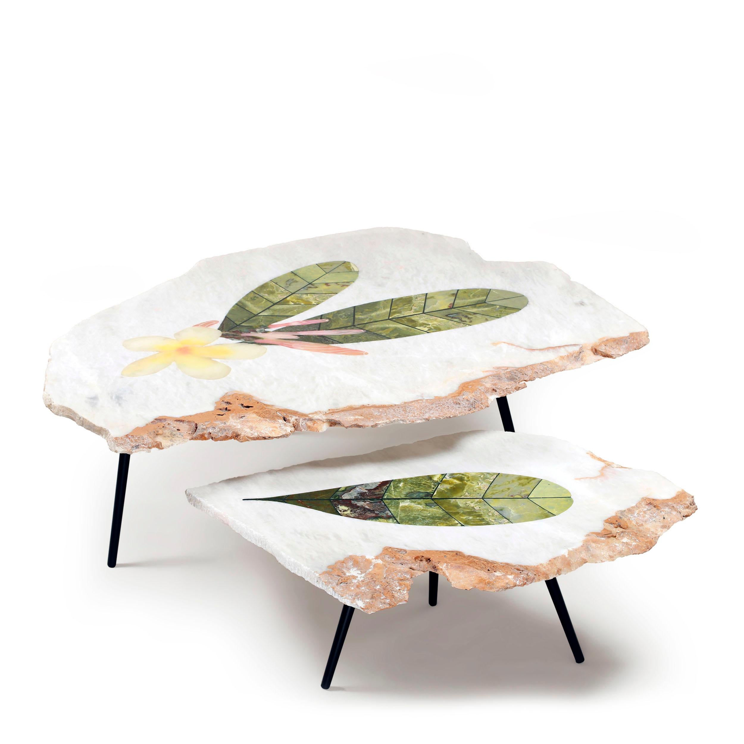 Champa nesting tables by Studio Lel
Dimensions: Large:D 122 x W 92 x H 41 cm; Small: D 76 x W 61 x H 33 cm
Materials: Serpentine, onyx, marble, metal.

These are handmade from semiprecious stone and marble in a small artisanal workshop. Please