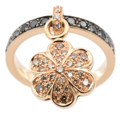 Champagne and Black Diamonds Flower Charm Ring Made in Italy