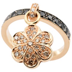 Champagne and Black Diamonds Flower Charm Ring Made in Italy