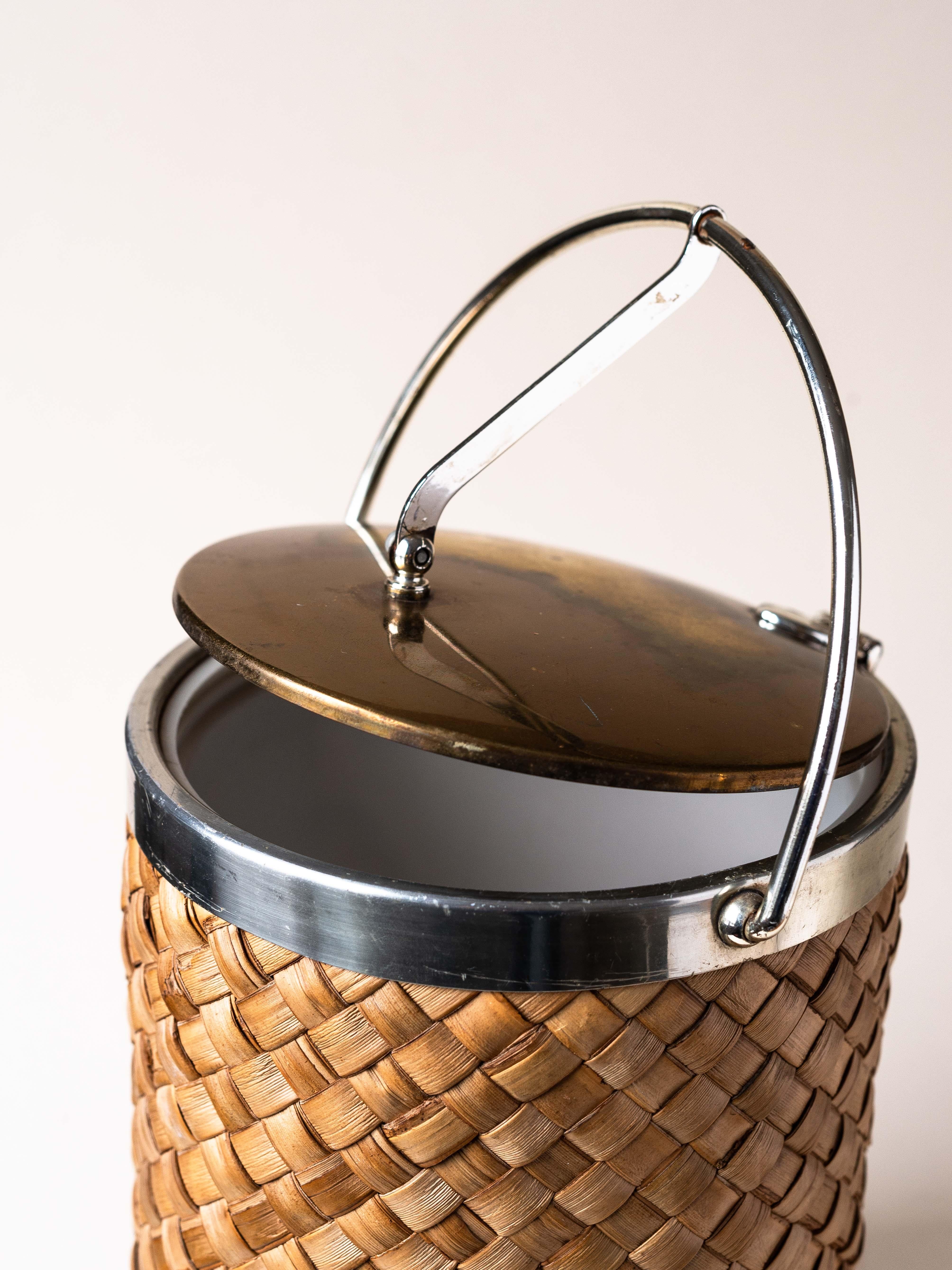 American Ice Bucket Raffia and Golden Metal, France 1970s For Sale
