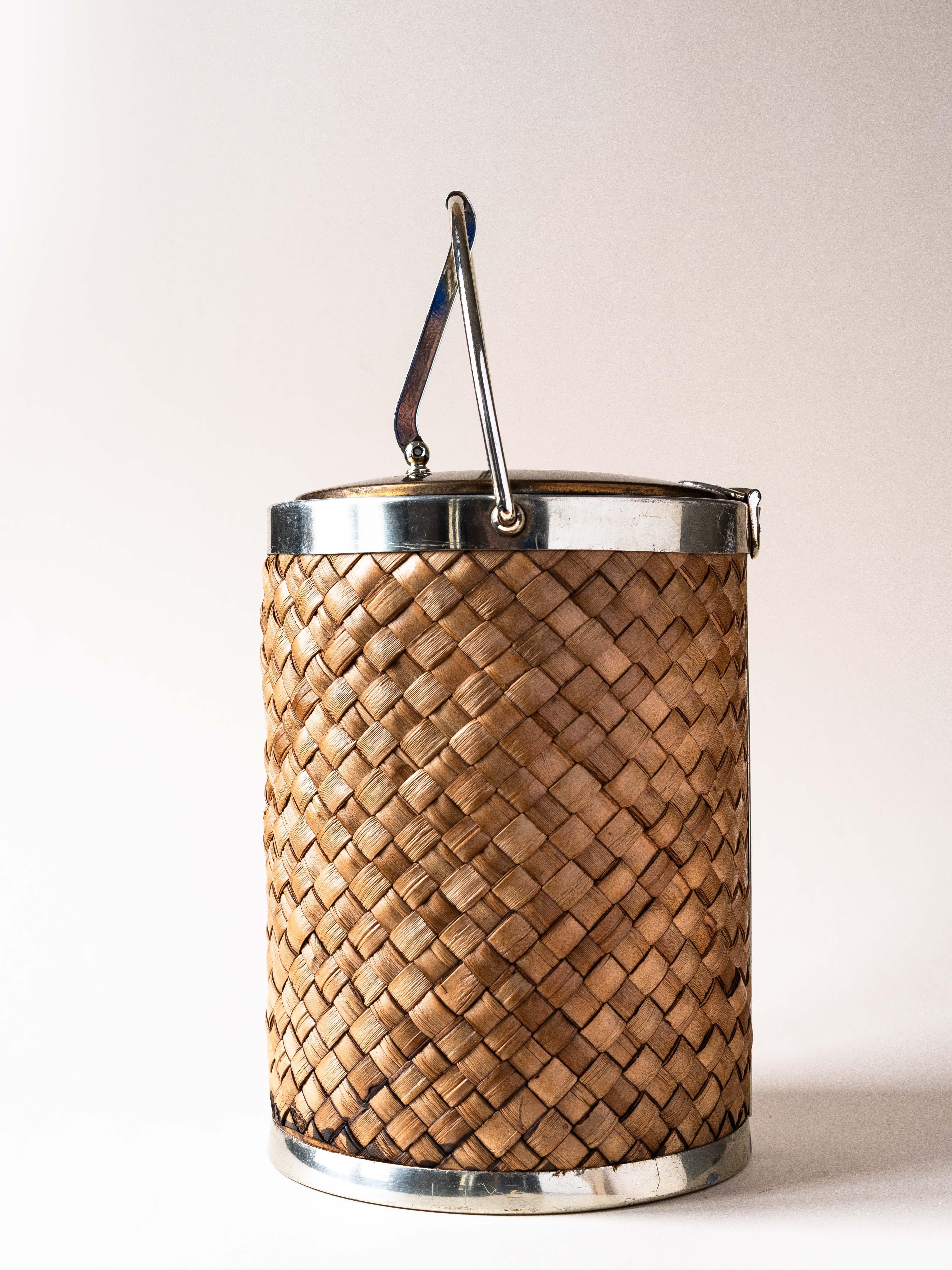20th Century Ice Bucket Raffia and Golden Metal, France 1970s For Sale