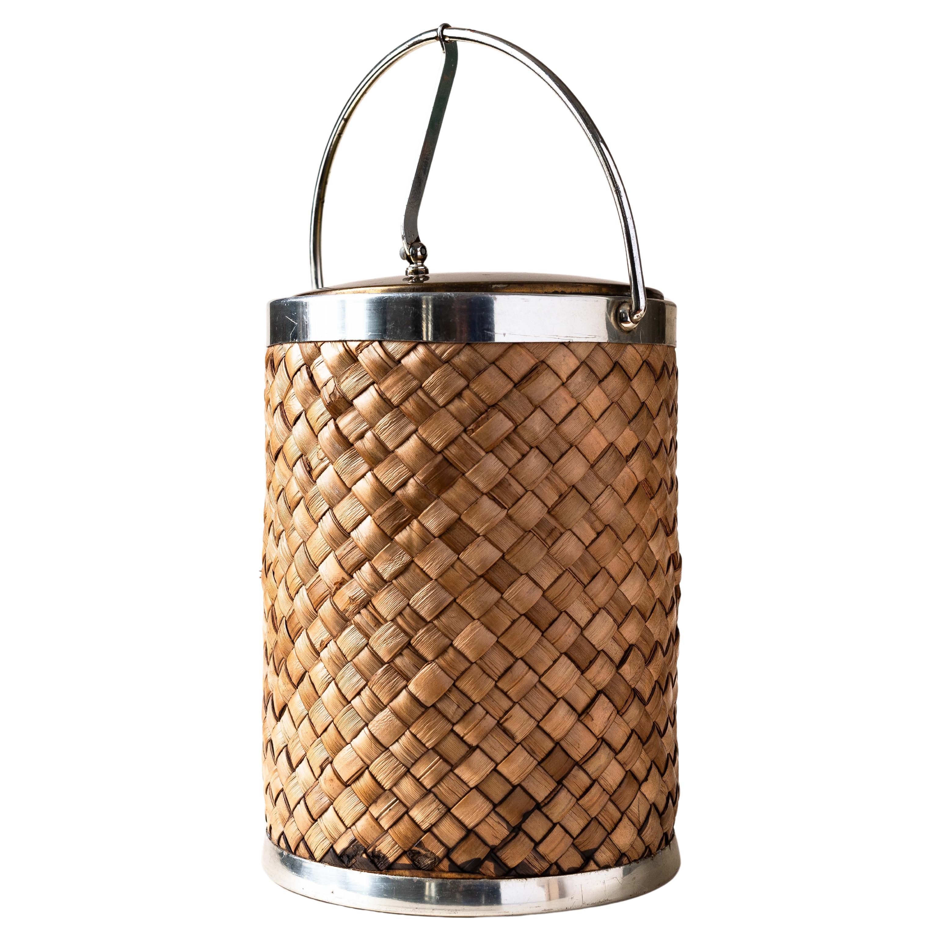 Champagne and Ice Bucket, Raffia and Golden Metal, 1970s