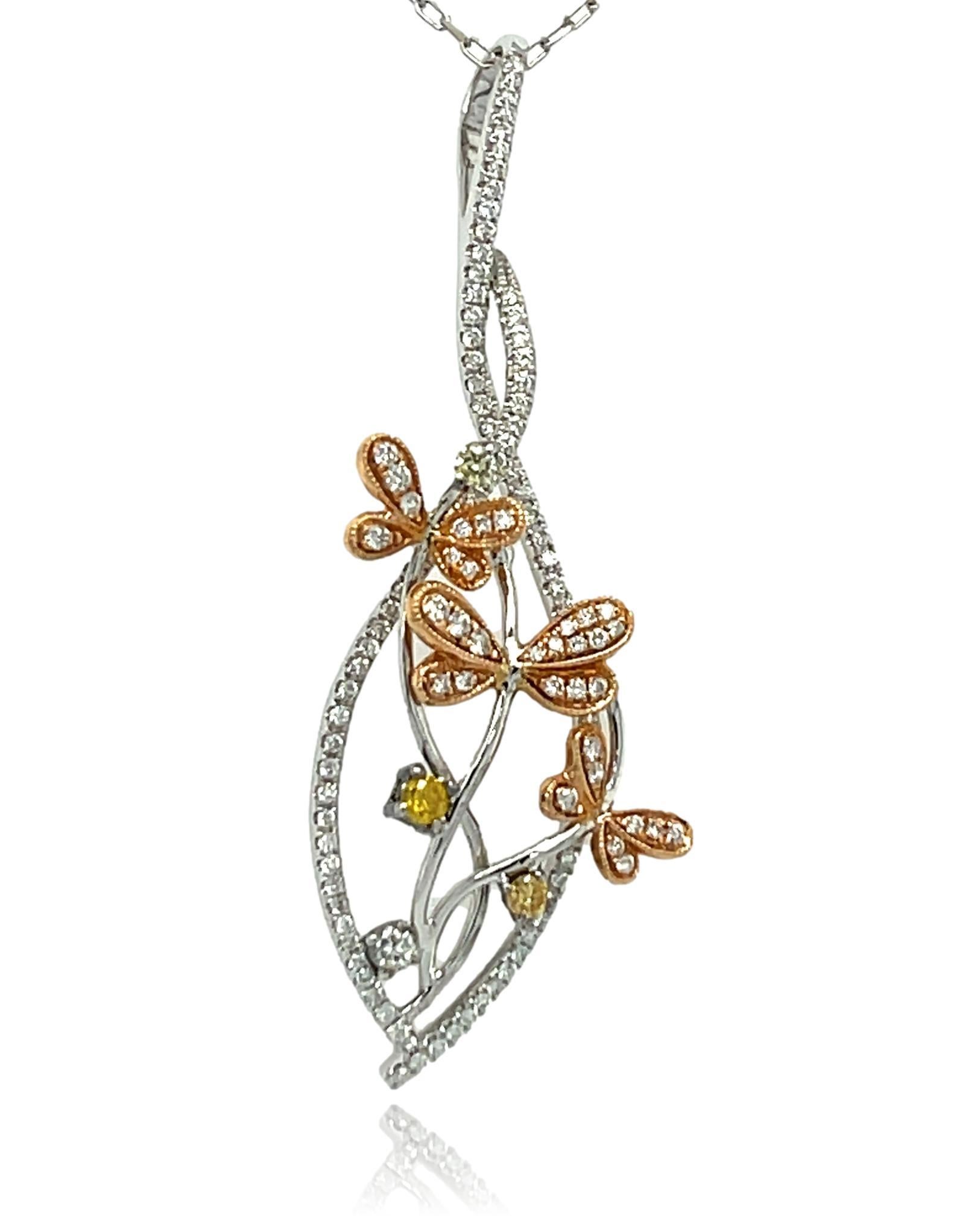 Brilliant Cut Champagne and White Diamond Butterfly Necklace in 18K White and Rose Gold For Sale