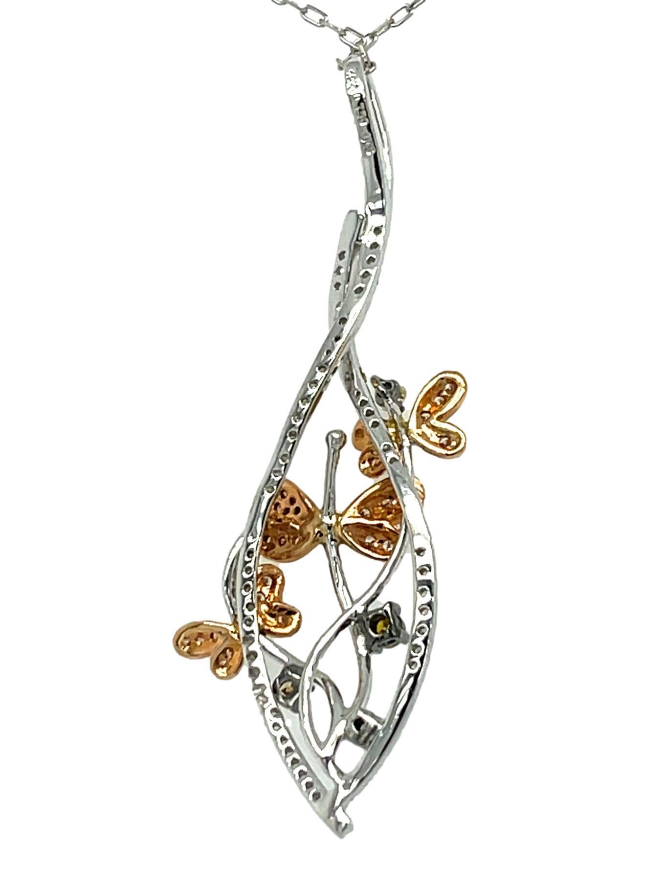 Champagne and White Diamond Butterfly Necklace in 18K White and Rose Gold In New Condition For Sale In New York, NY