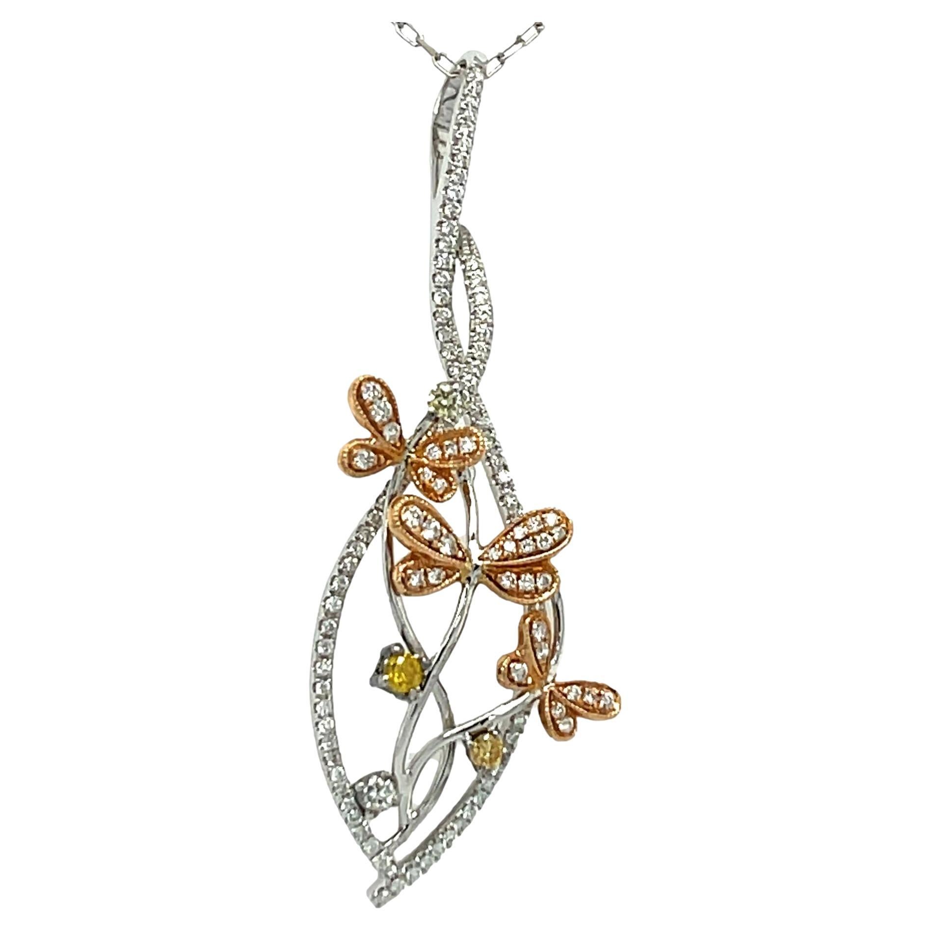 Champagne and White Diamond Butterfly Necklace in 18K White and Rose Gold For Sale