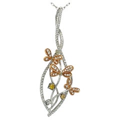 Champagne and White Diamond Butterfly Necklace in 18K White and Rose Gold