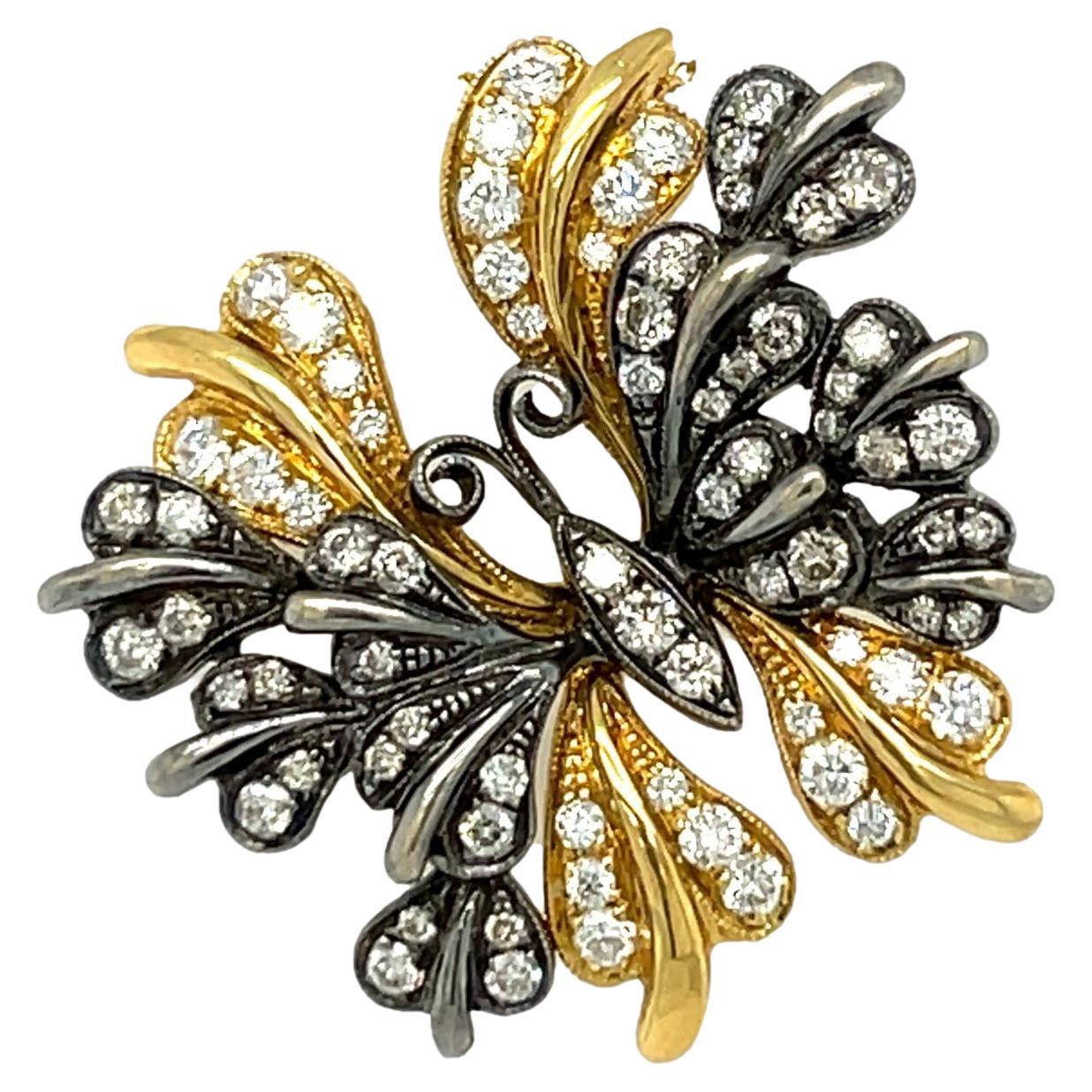 Champagne and White Diamond Butterfly Pendant in 18K Yellow Gold For Sale