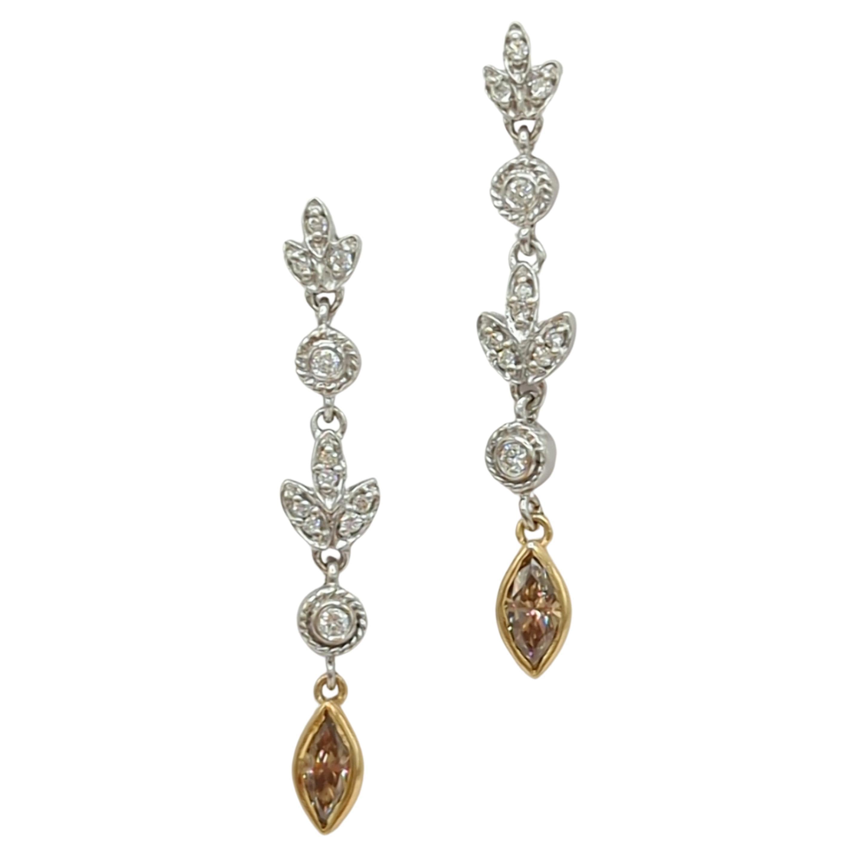 Champagne and White Diamond Dangle Earrings in 18K 2 Tone Gold For Sale