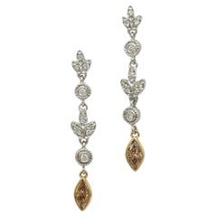Champagne and White Diamond Dangle Earrings in 18K 2 Tone Gold