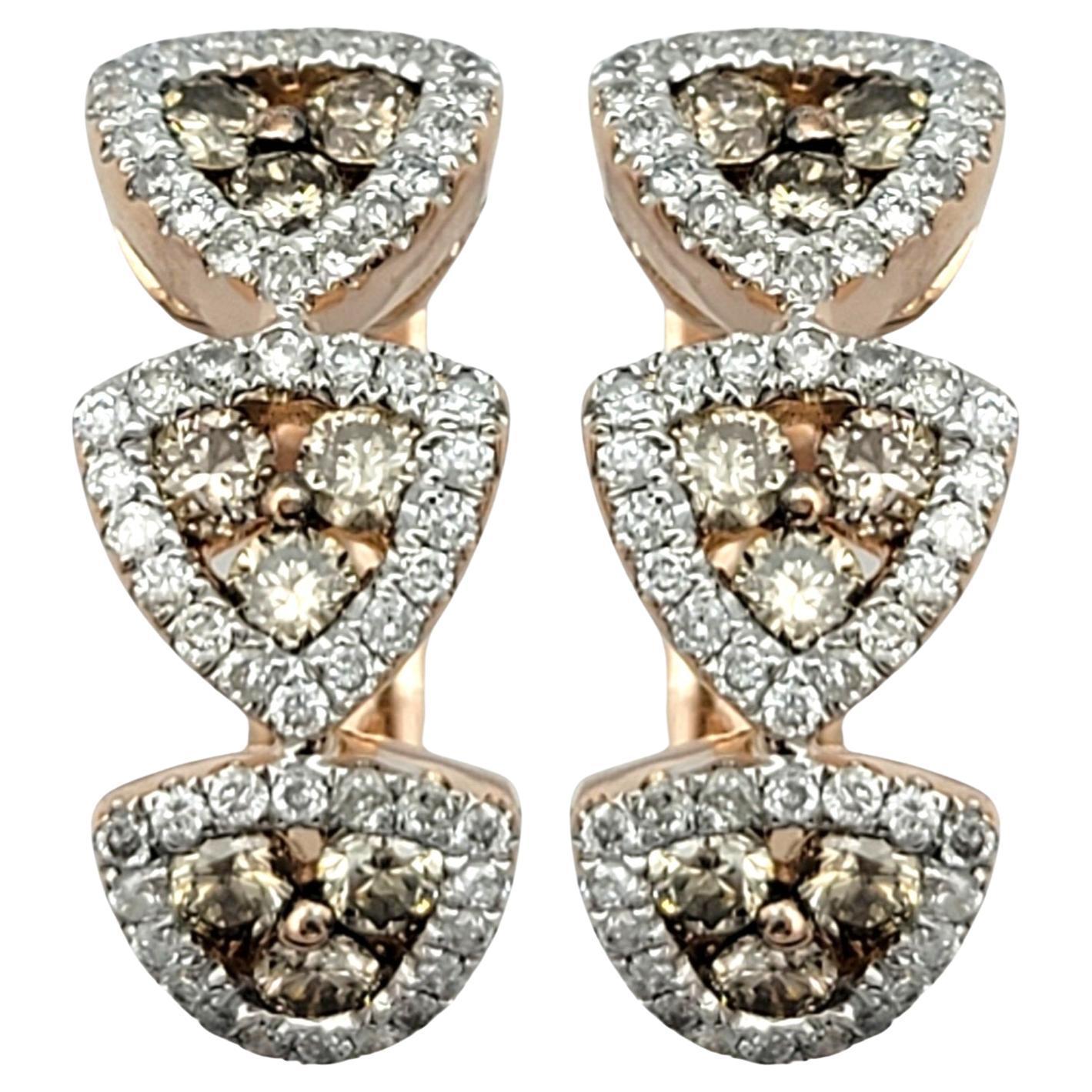 Champagne and White Diamond Triangle Huggie Hoop Earrings in 14 Karat Rose Gold