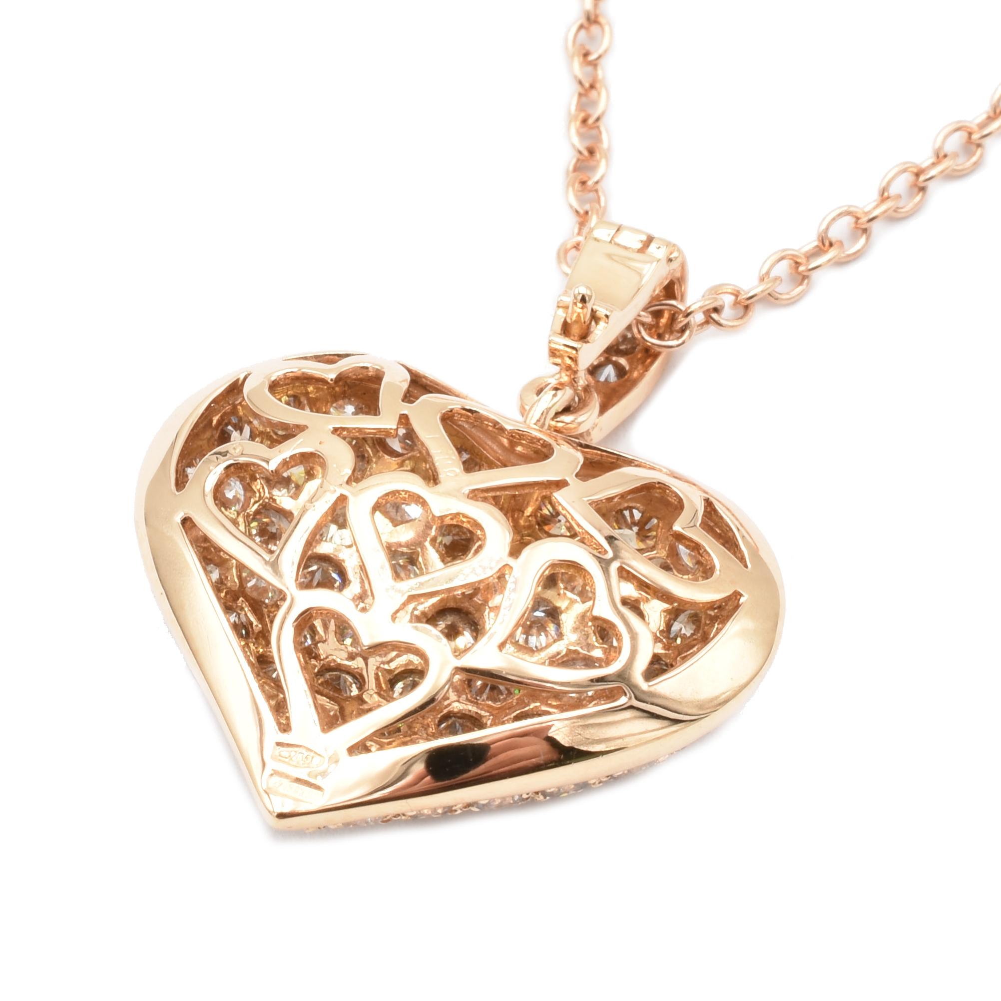 Contemporary Champagne and White Diamonds Rose Gold Heart Necklace Made in Italy