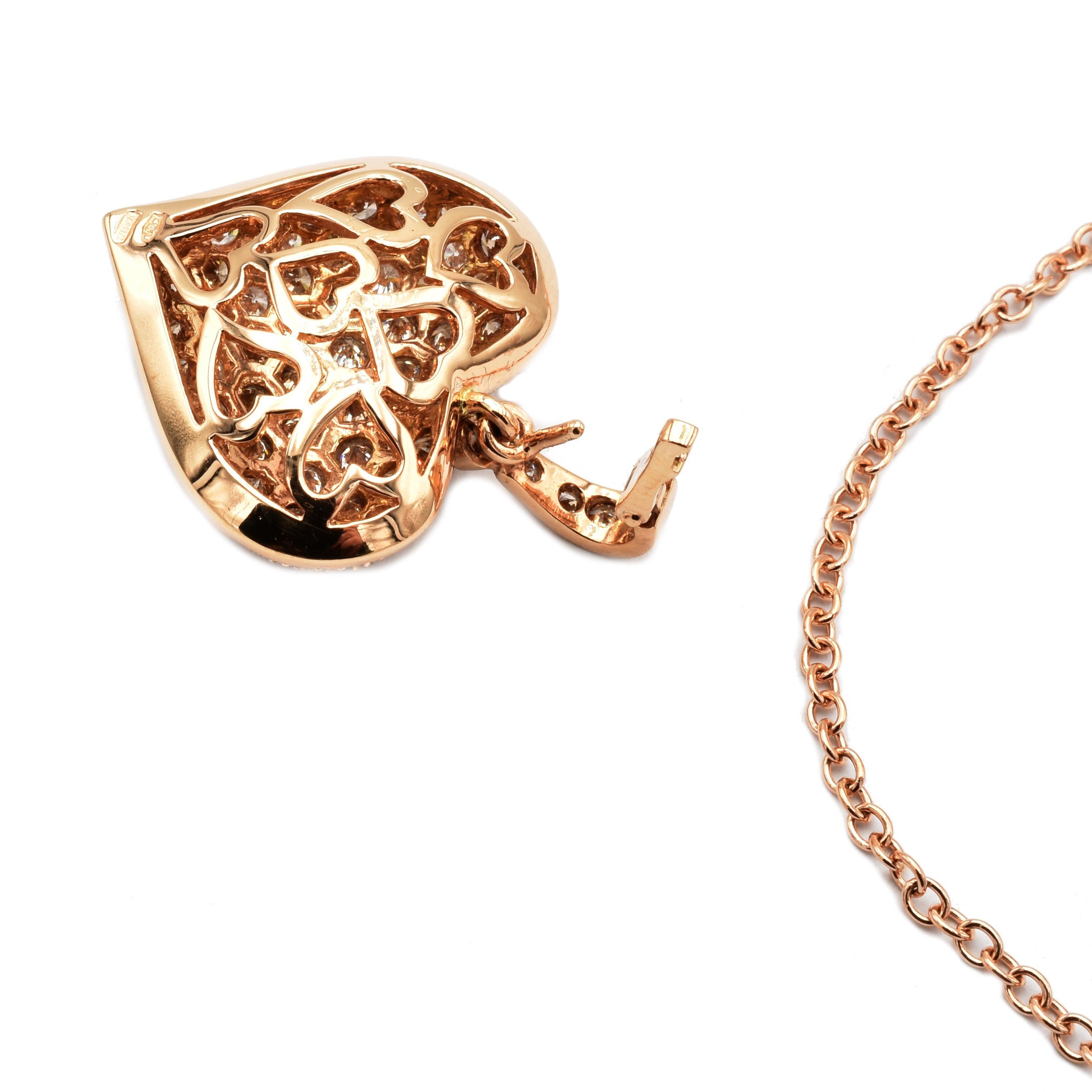 Champagne and White Diamonds Rose Gold Heart Necklace Made in Italy In New Condition In Valenza, AL