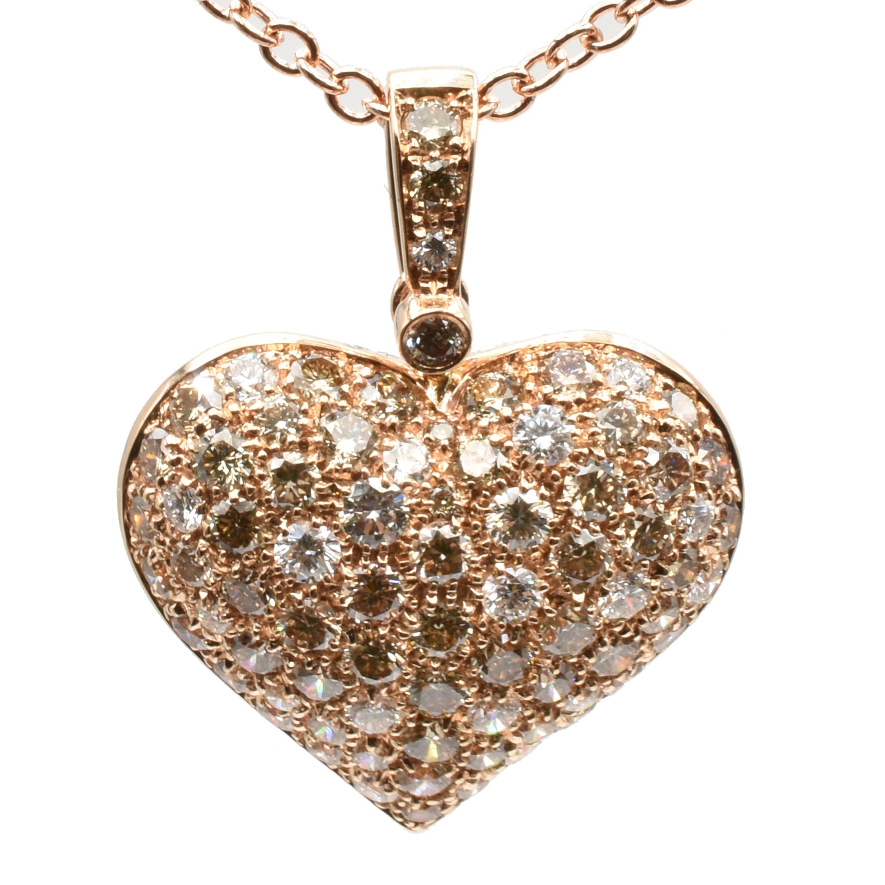 Women's Champagne and White Diamonds Rose Gold Heart Necklace Made in Italy