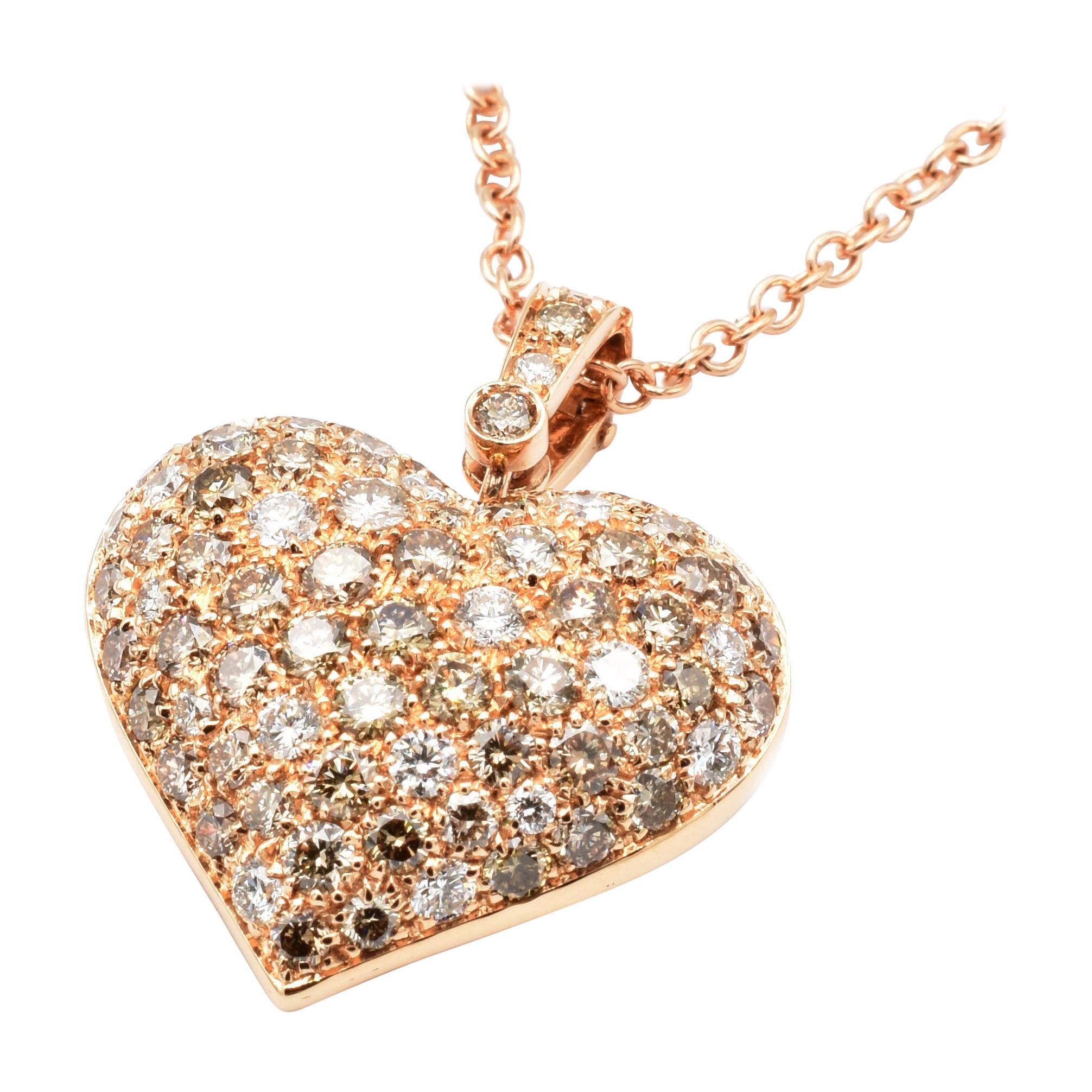 Champagne and White Diamonds Rose Gold Heart Necklace Made in Italy