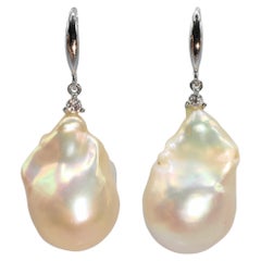 Champagne Baroque Pearl Diamond Dangling Drop Earrings in 18K White Gold