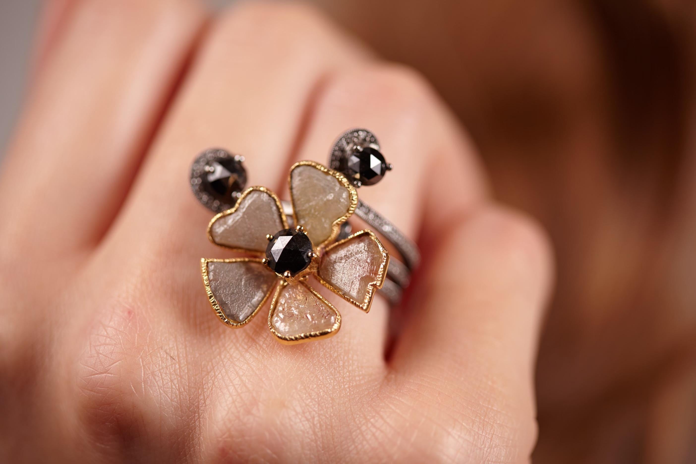 For Sale:  Champagne & Black Diamond Petal Ring 4