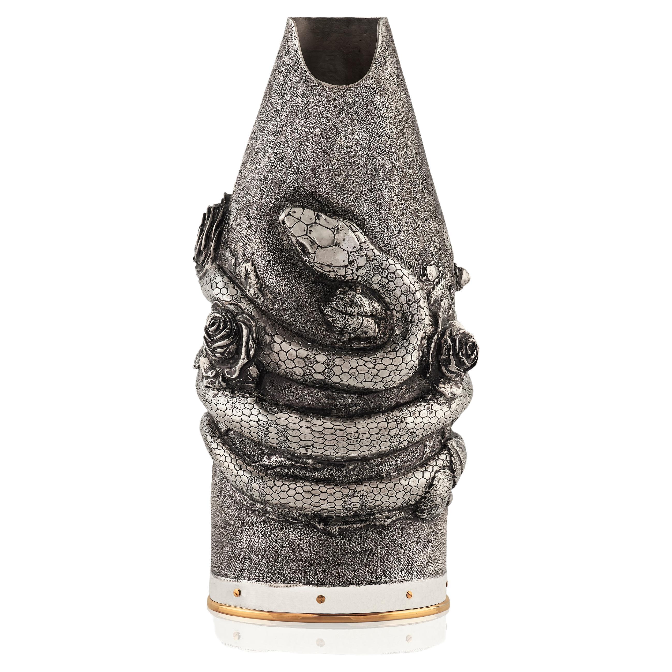 Copribottiglia per champagne, regalo di lusso, serpente e rose, argento massiccio, Italia