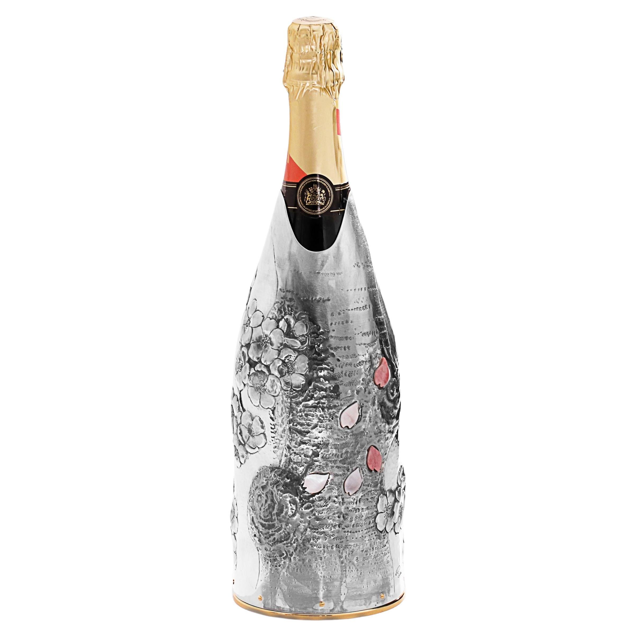Champagne Bottle Cover with Mother-of-Pearl Inlay, Japanese Design, Pure Silver