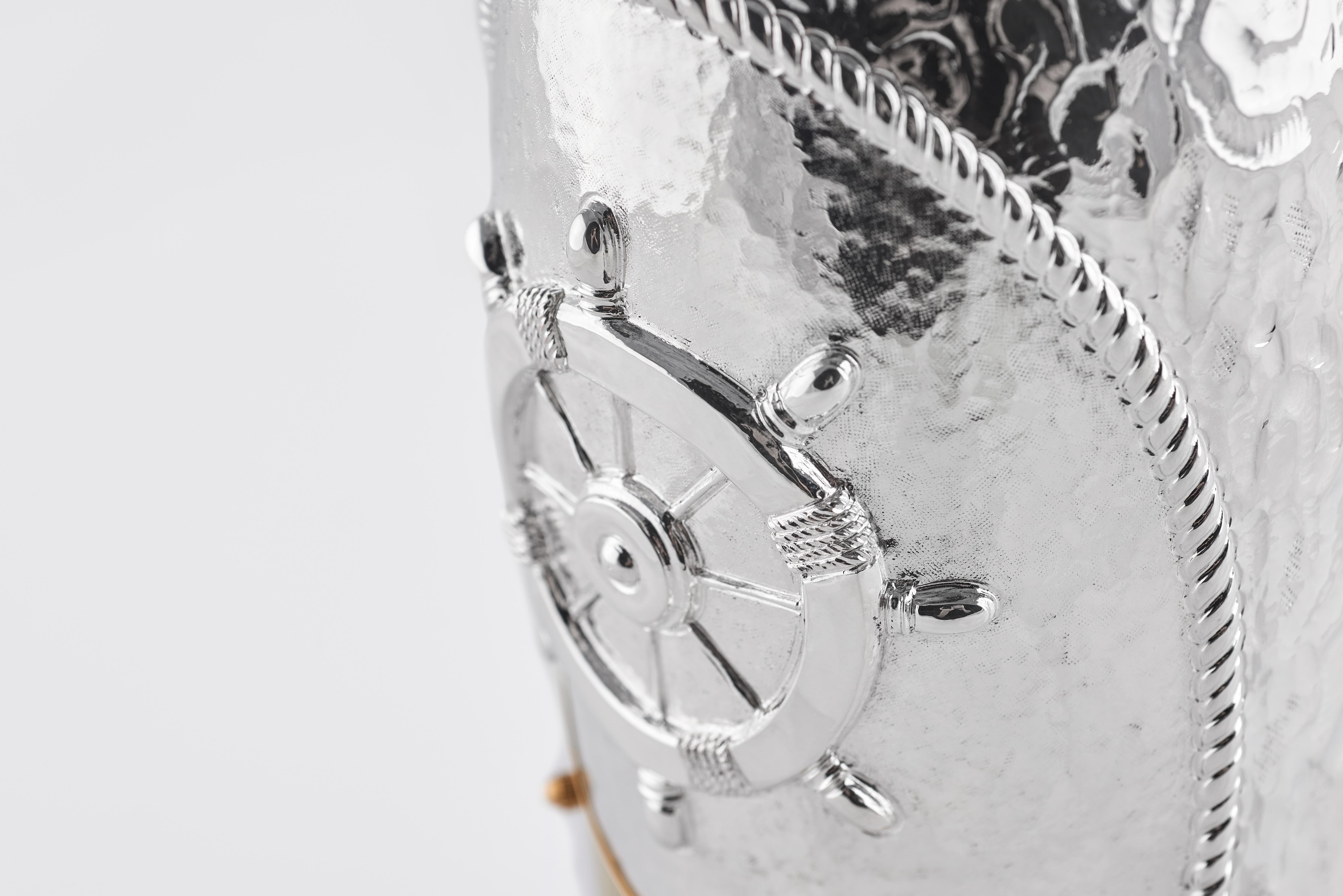 Modern Champagne Bottle Cover, Helm, Luxory Personalized Yacht accesories, Silver For Sale