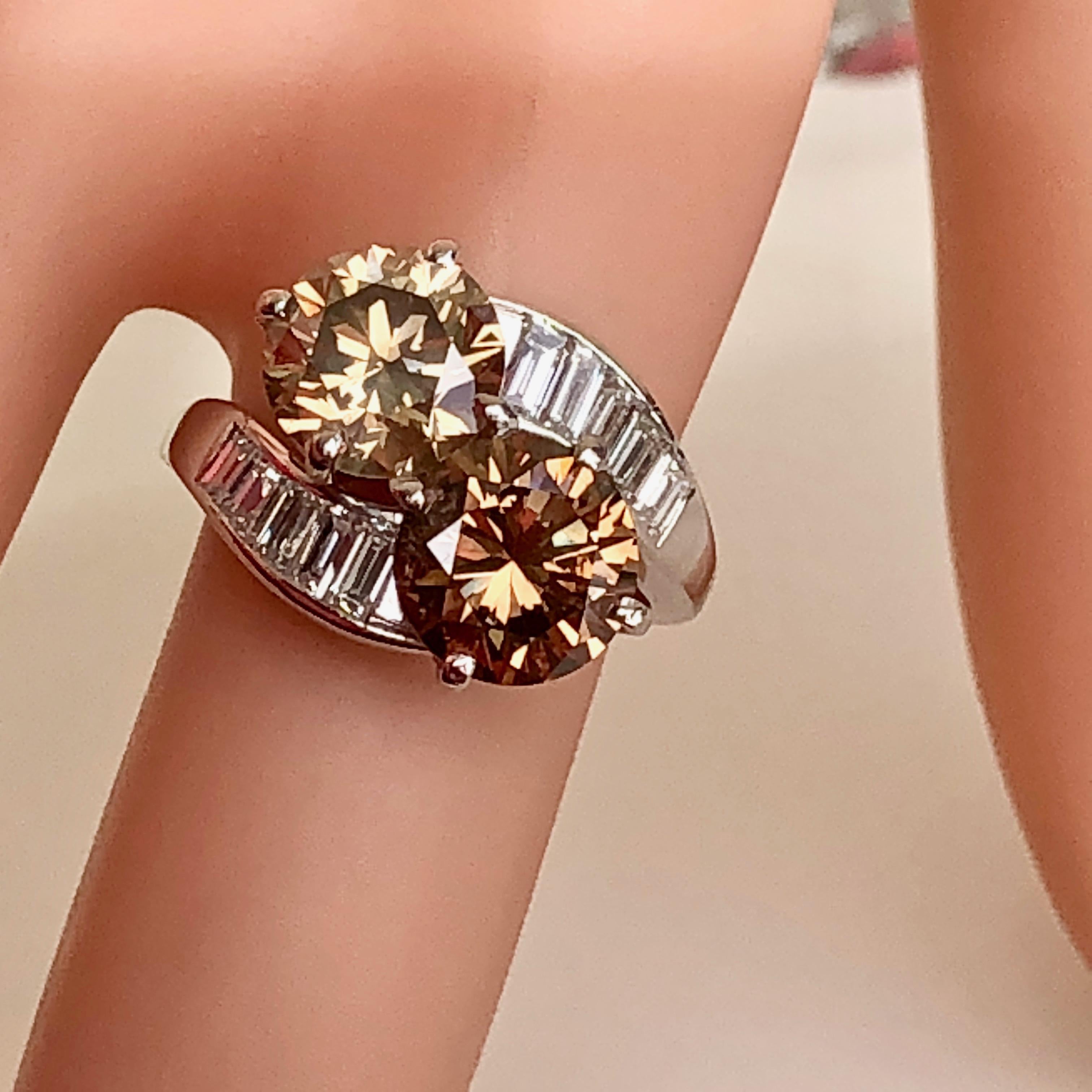 Round Cut Champagne, Brown, White Baguette Diamond Toi et Moi Platinum Ring 5.40ct TW For Sale