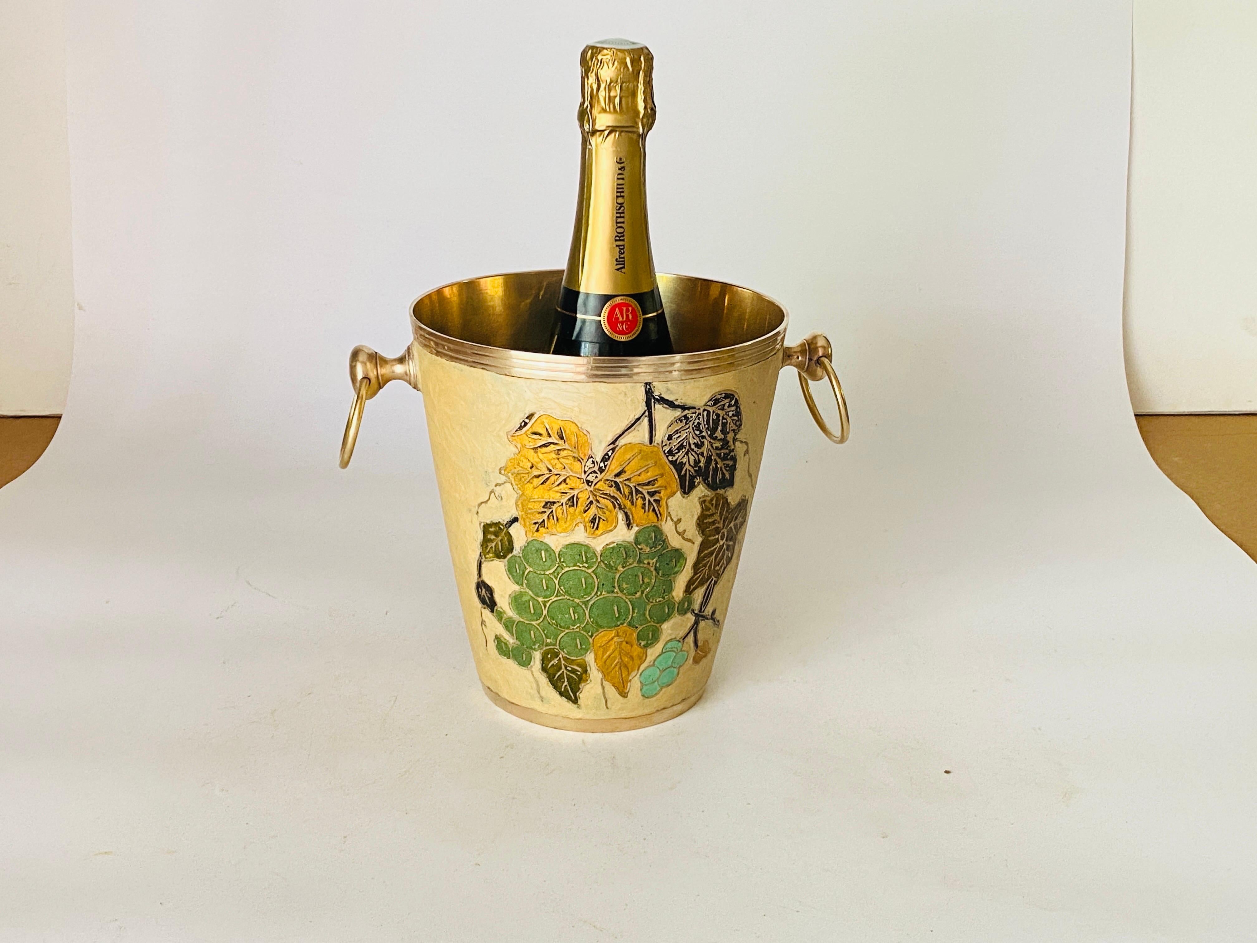 Champagne Bucket Cloisonné with Colored Floral Decor Frame Brass Handles France 3
