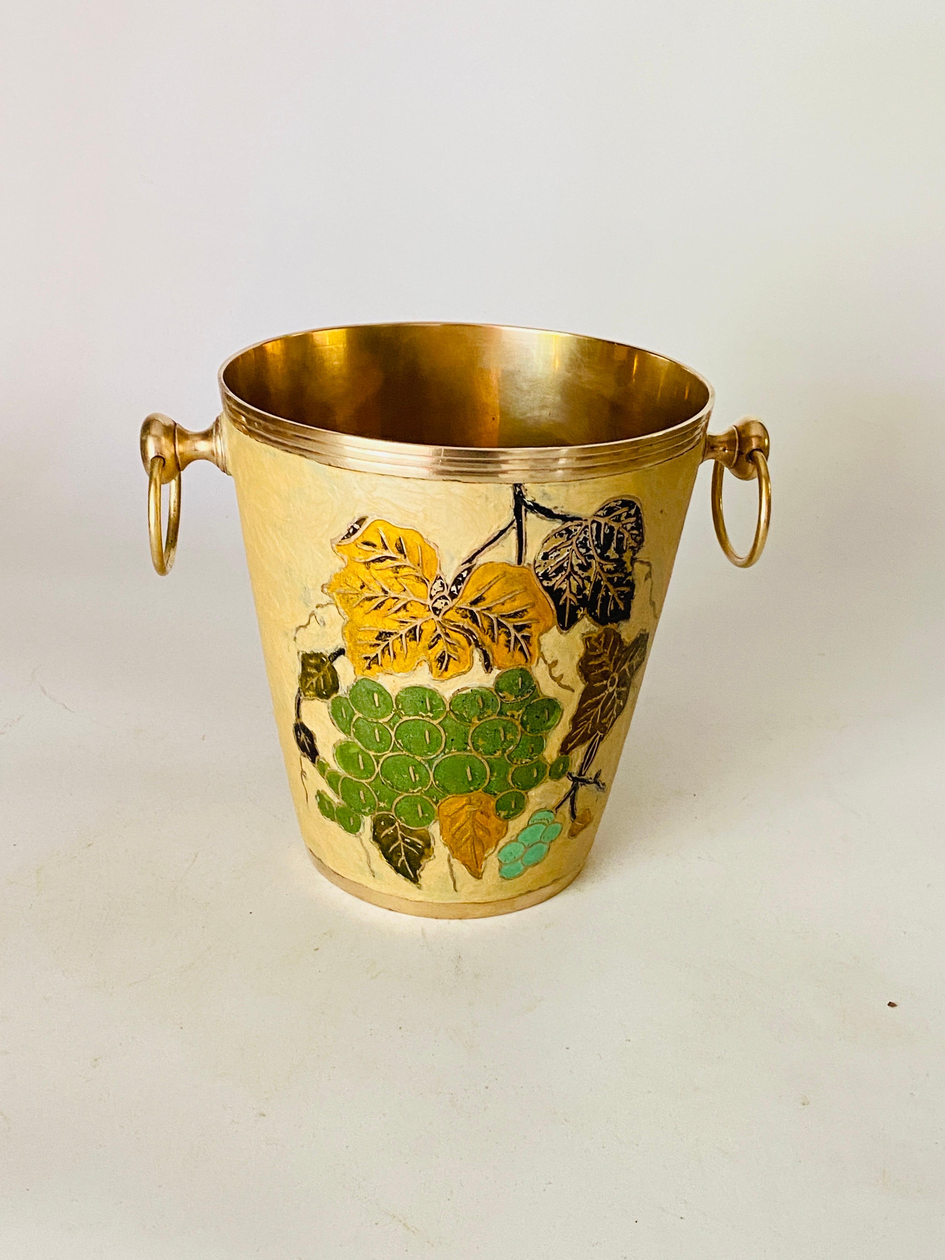 Champagne Bucket Cloisonné with Colored Floral Decor Frame Brass Handles France 4