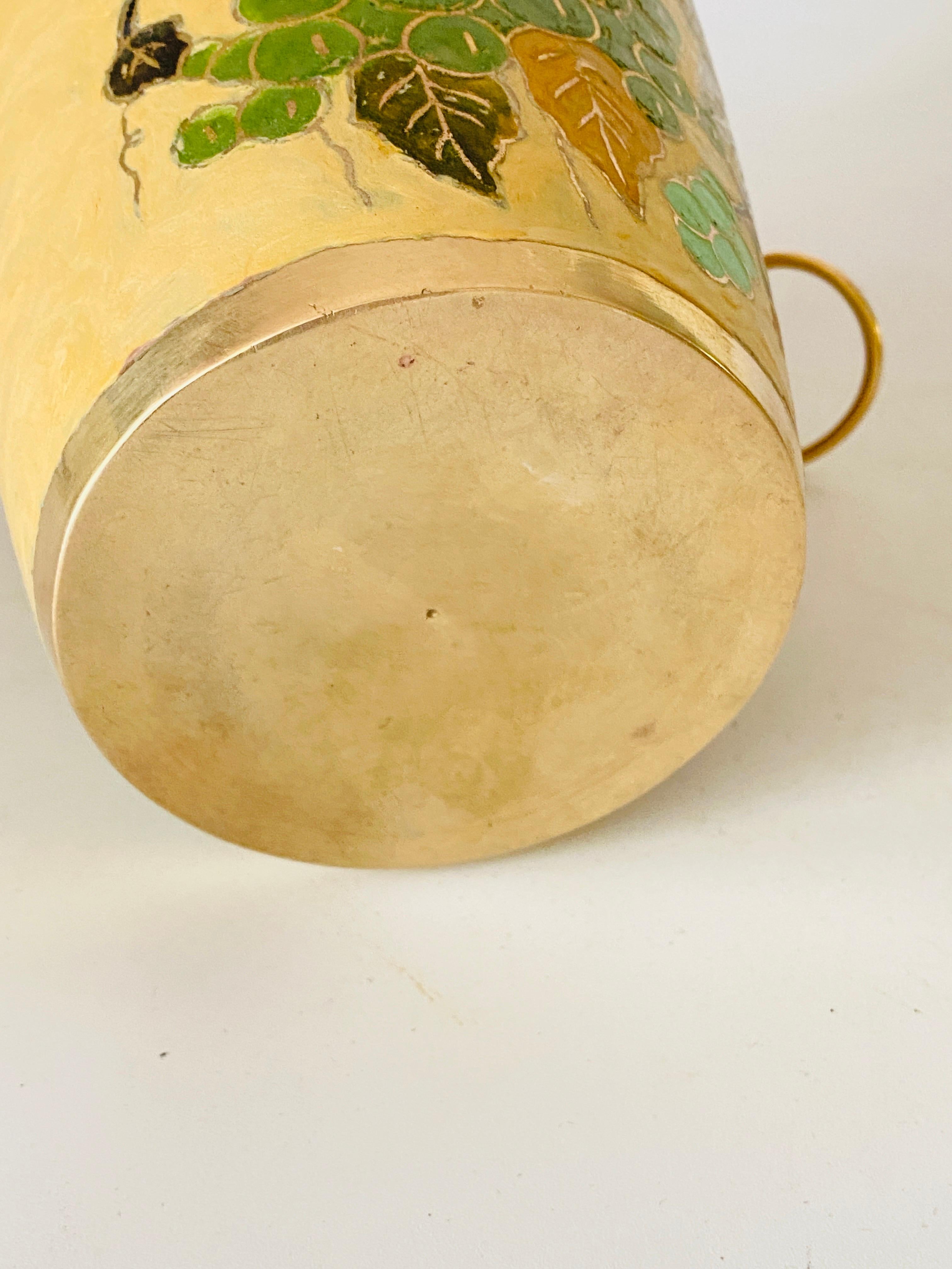 Hand-Painted Champagne Bucket Cloisonné with Colored Floral Decor Frame Brass Handles France