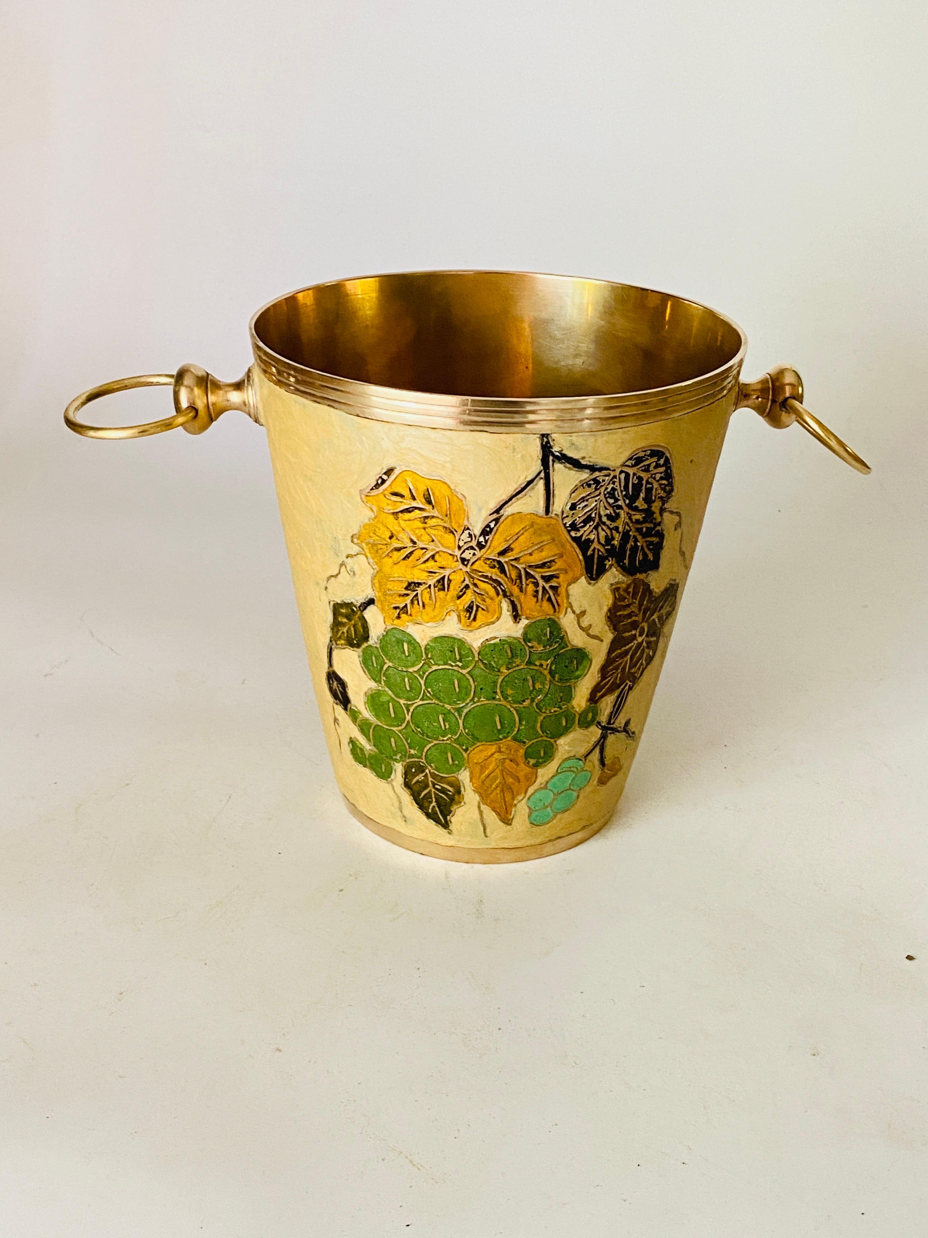 Mid-20th Century Champagne Bucket Cloisonné with Colored Floral Decor Frame Brass Handles France