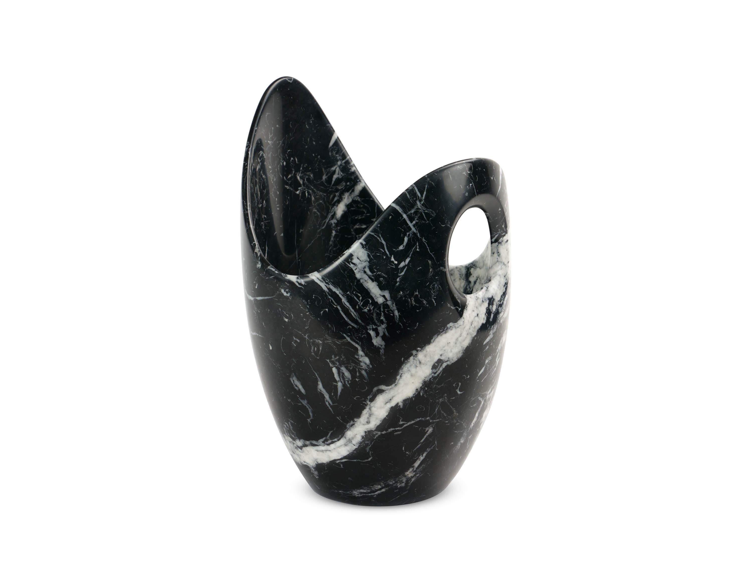 Hand-Carved Champagne Bucket Glacette Wine Cooler Black Marquinia Marble Handmade Italy For Sale