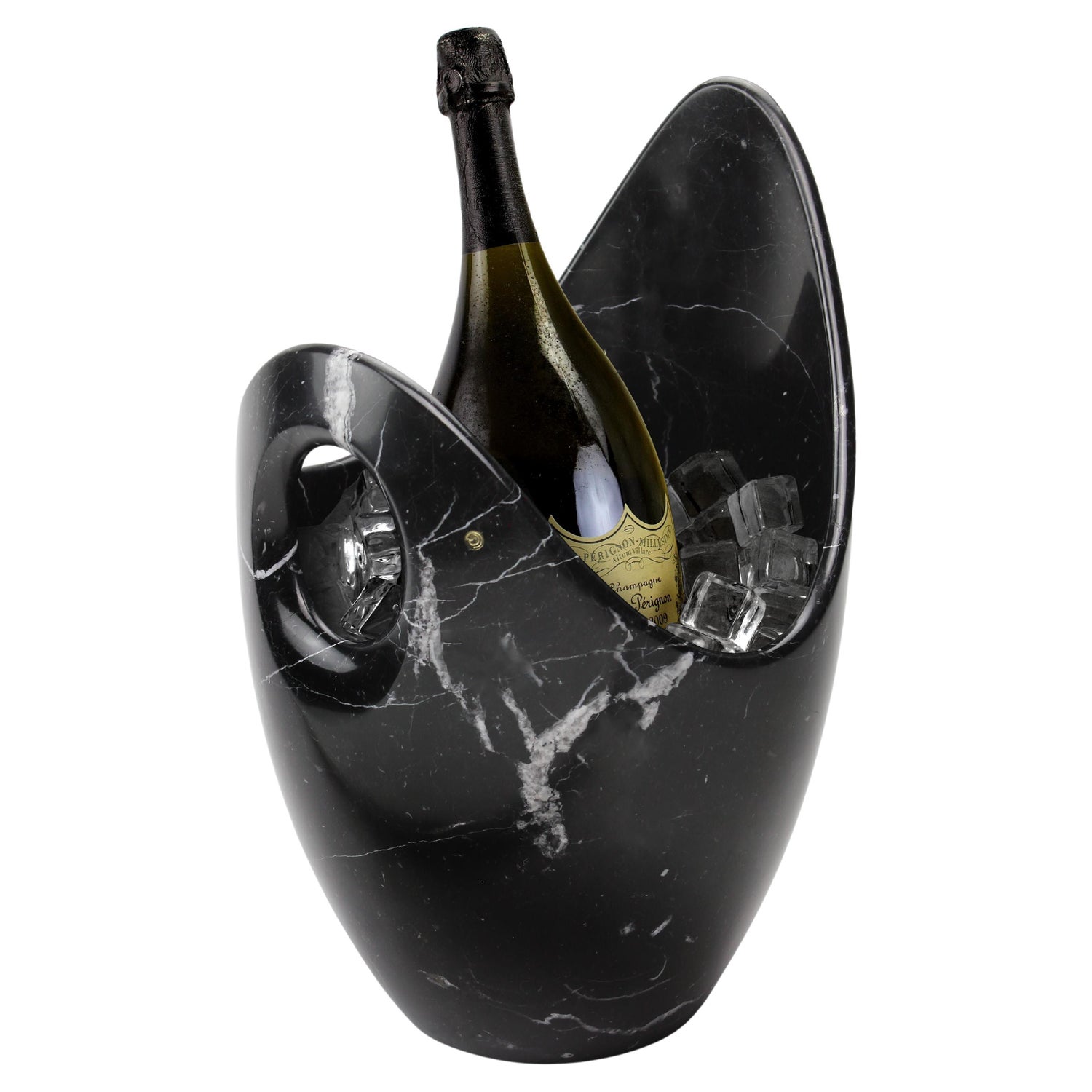 Champagne Bucket Wine Cooler Vase Vessel Black Marquinia Marble Brass Inlay  For Sale at 1stDibs