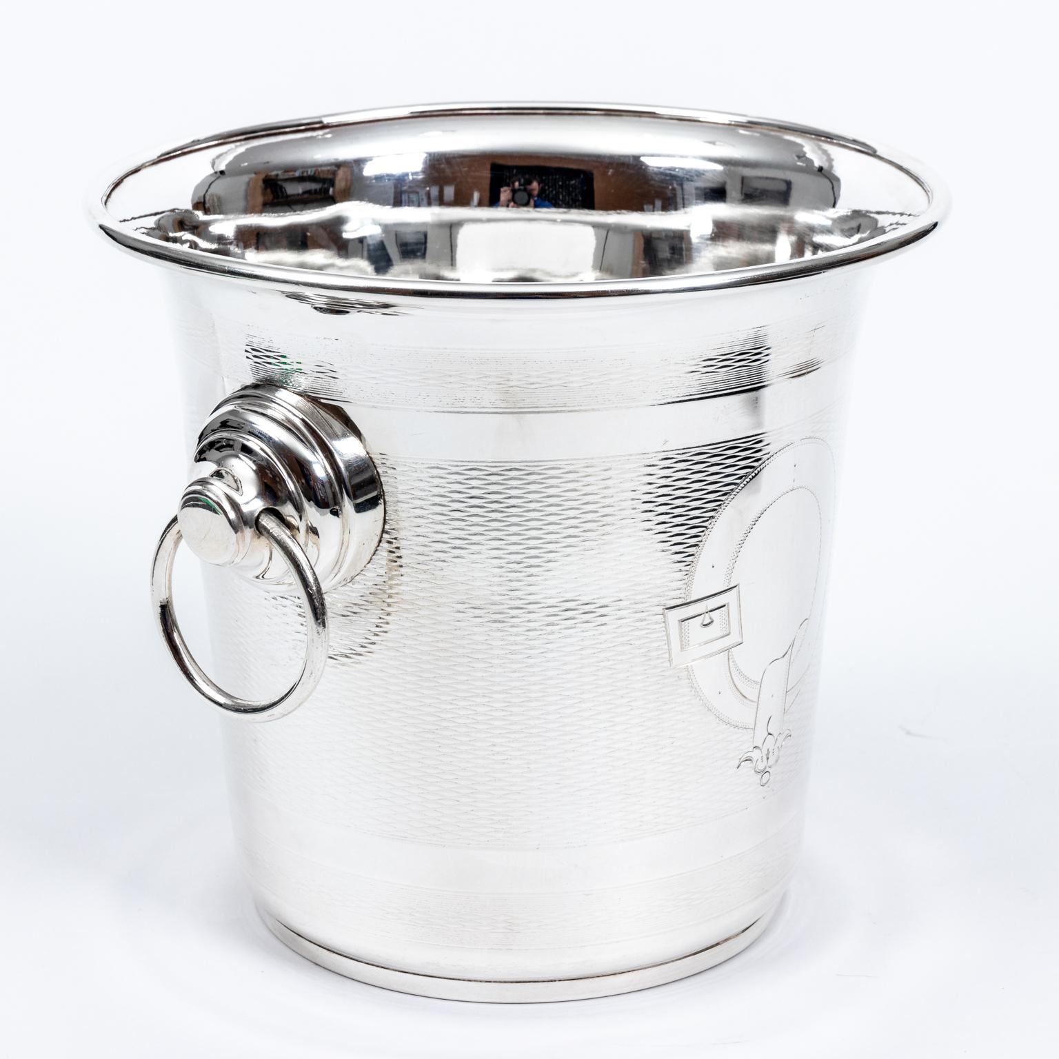 Circa 1930s English ship silver plate champagne bucket or wine cooler with engine turnings and circular handles. Made in England. Please note of wear consistent with age.
