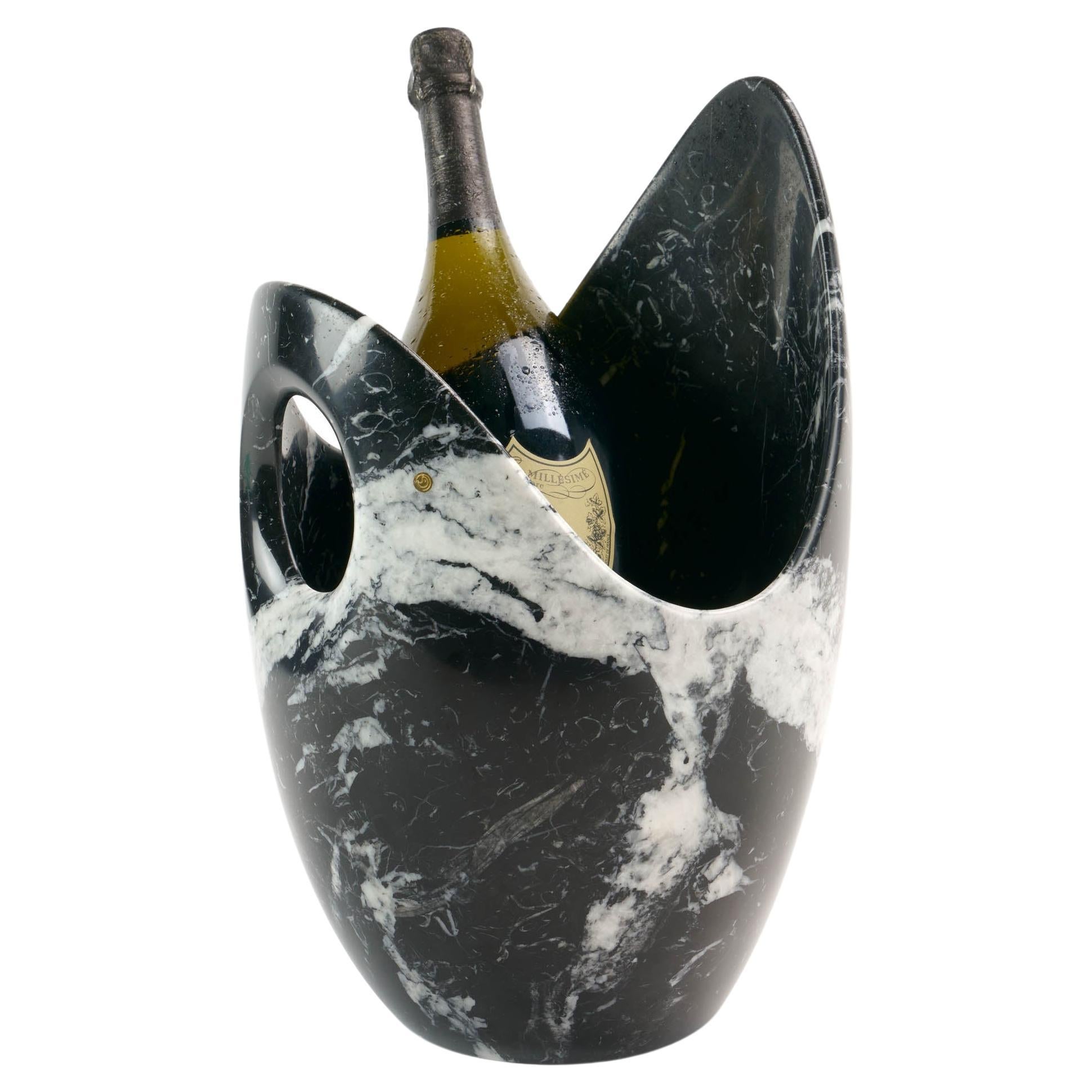 Champagne Bucket Vase Wine Cooler Black Marble Marquinia Sculpture Solid Block For Sale