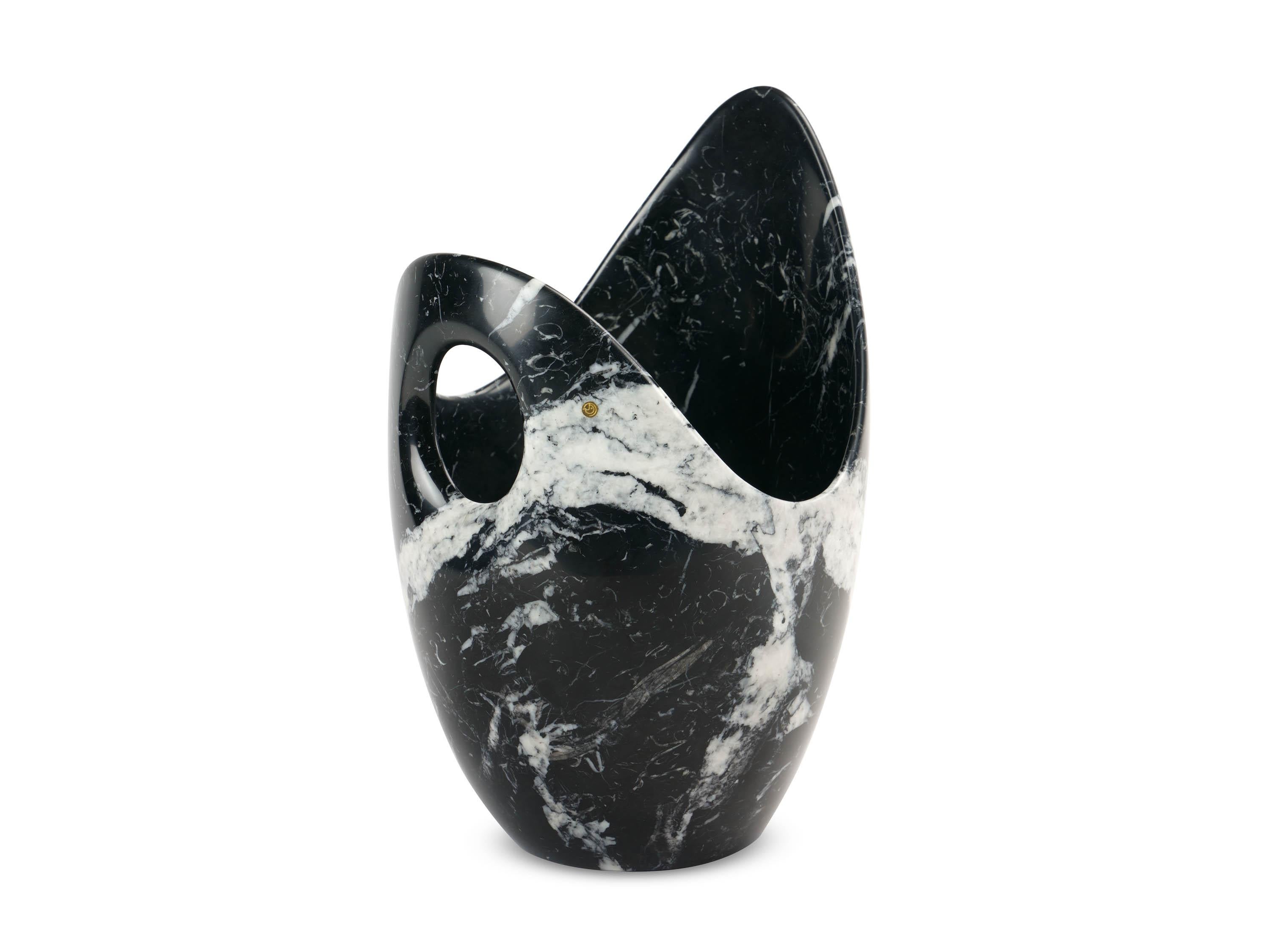 Modern Champagne Bucket Wine Cooler Black Marquinia Marble Handmade Collectible Italy For Sale