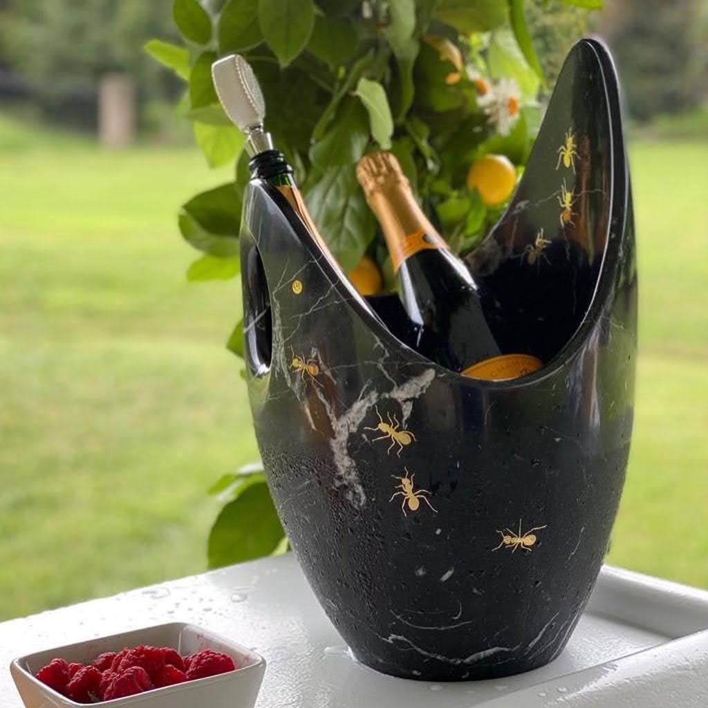 Champagne Bucket Wine Cooler Sculpture Block White Carrara Marble Brass Inlay For Sale 3