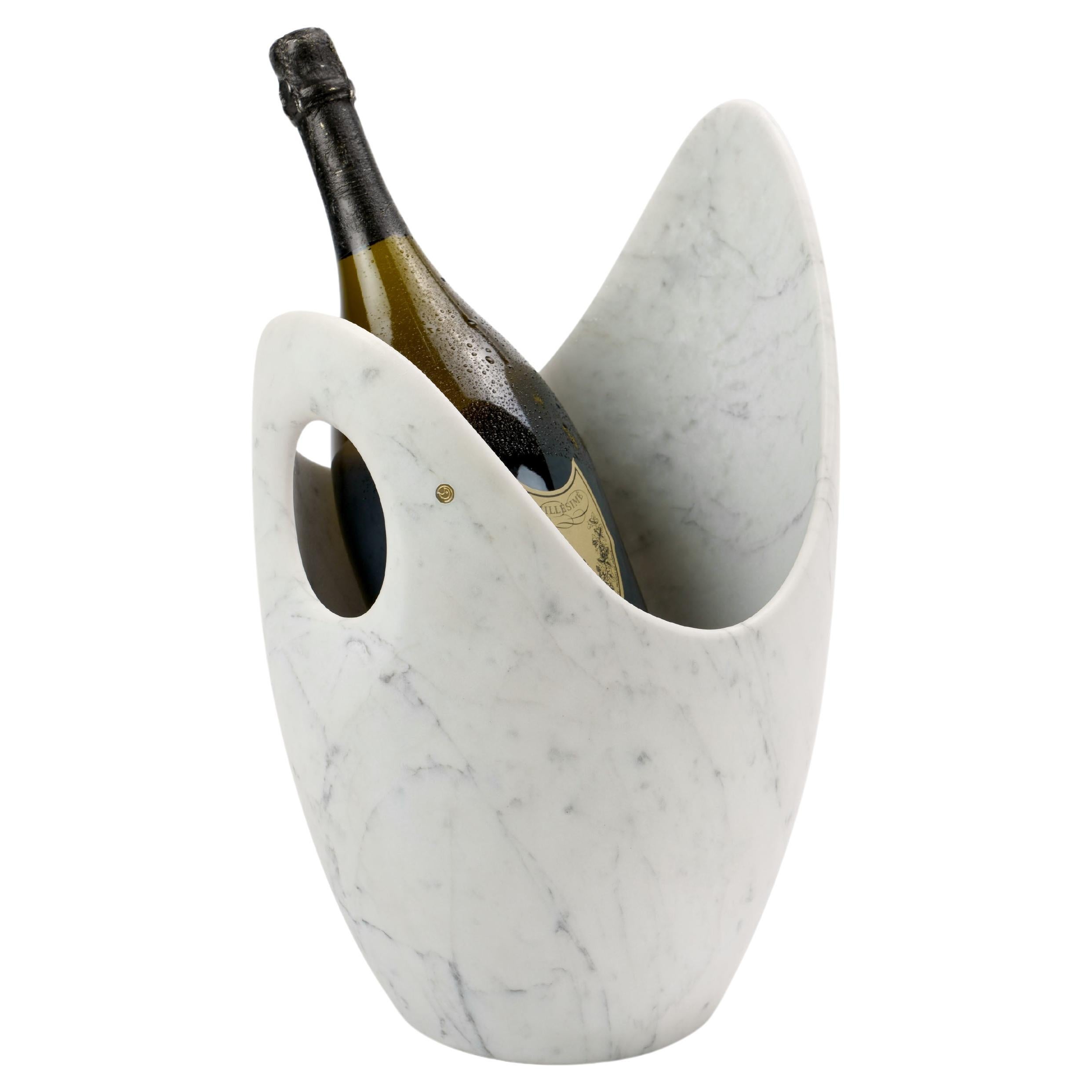 Champagne Bucket Wine Cooler Sculpture Block White Carrara Marble Made in Italy For Sale