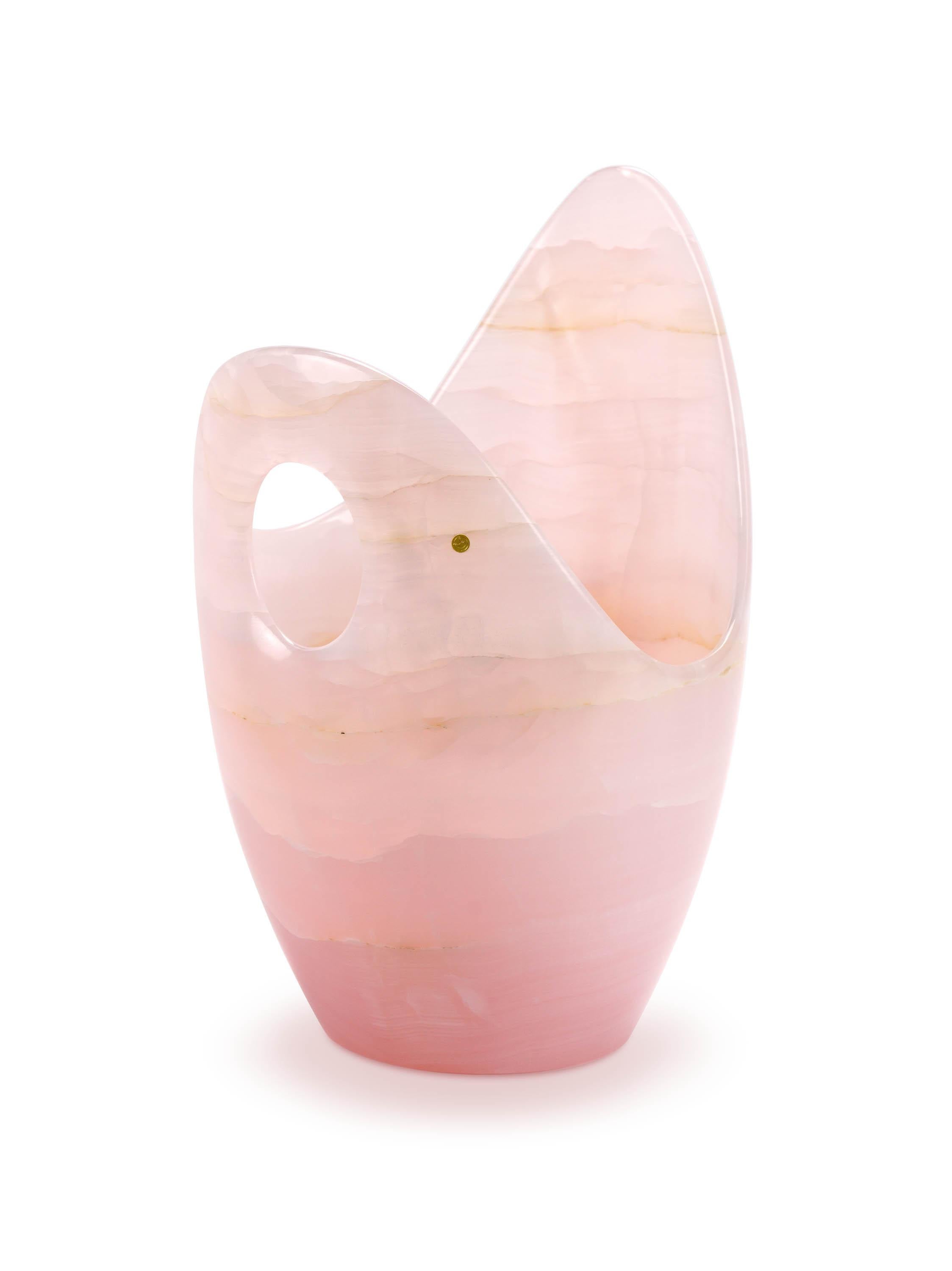 Champagne Bucket Wine Cooler Vase Sculpture Pink Onyx Marble Collectible Design For Sale 3