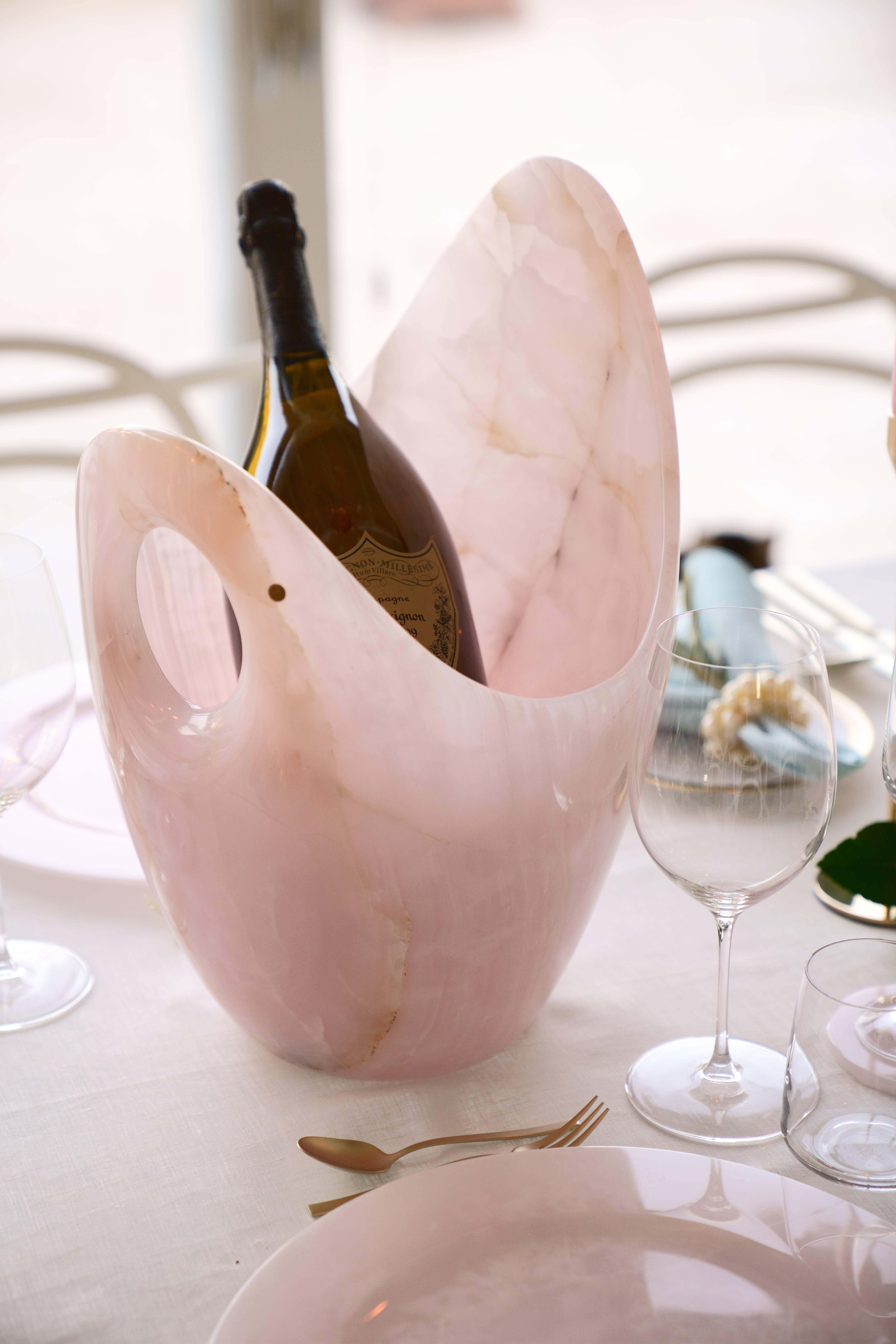 Italian Champagne Bucket Wine Cooler Vase Sculpture Pink Onyx Marble Collectible Design For Sale